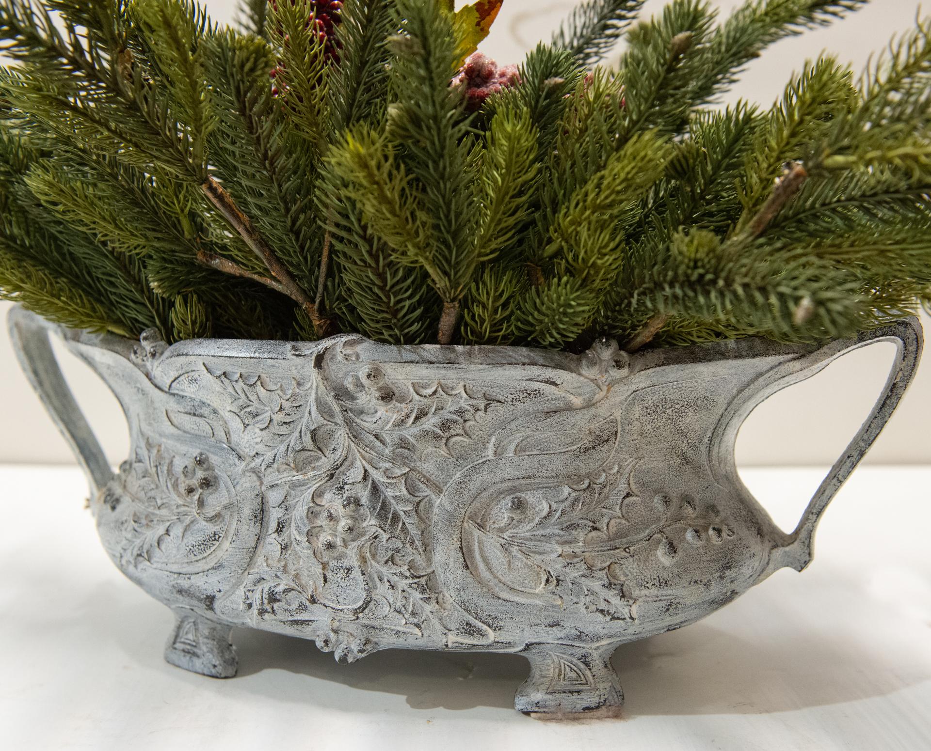 Ironstone Cast Iron Vase with Handles, Butcher's Broom Decoration, now for Christmass For Sale