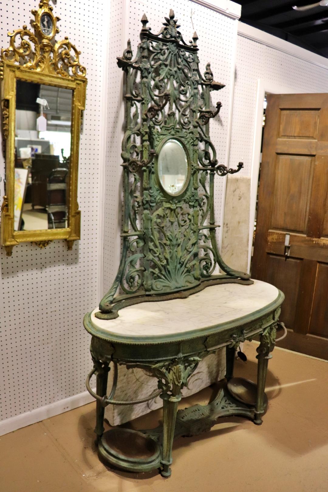 Cast Iron Verdi Gris Green Painted Marble Top Delft Coat Hall Tree Circa 1860 For Sale 5