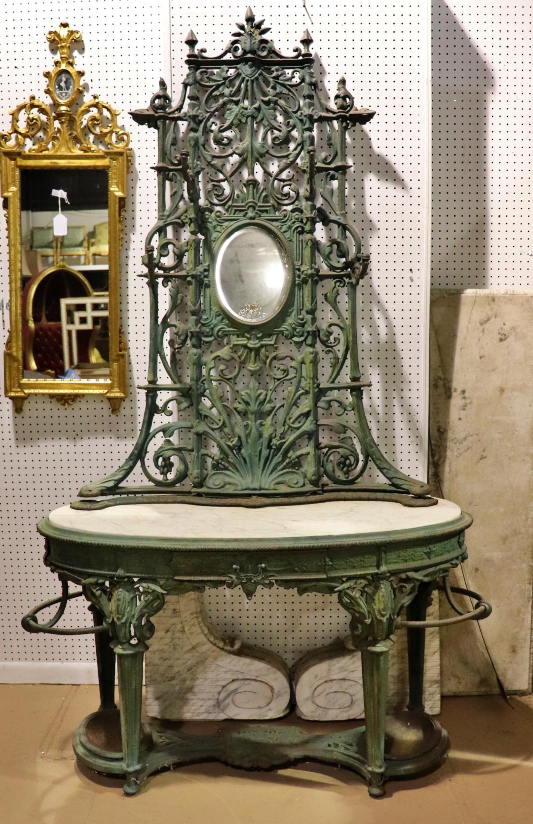 Cast iron frame. Marble shelf. Mirrored. One drawer. 89 1/2