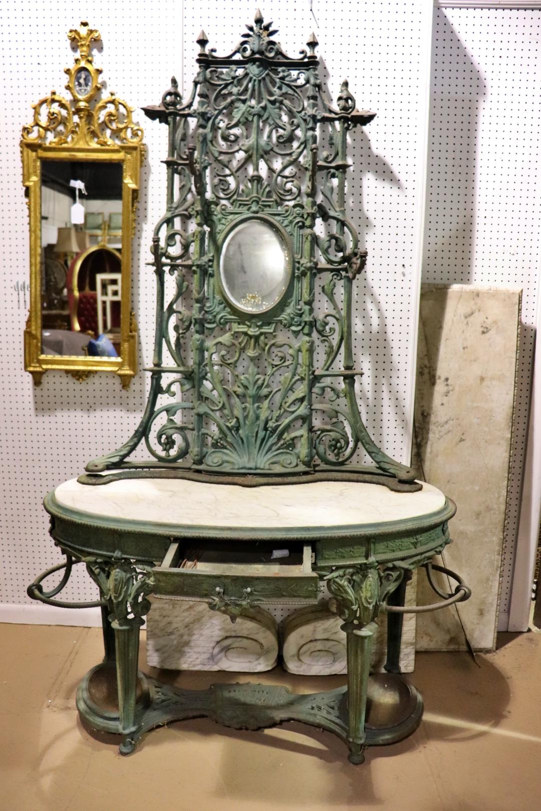 High Victorian Cast Iron Verdi Gris Green Painted Marble Top Delft Coat Hall Tree Circa 1860 For Sale