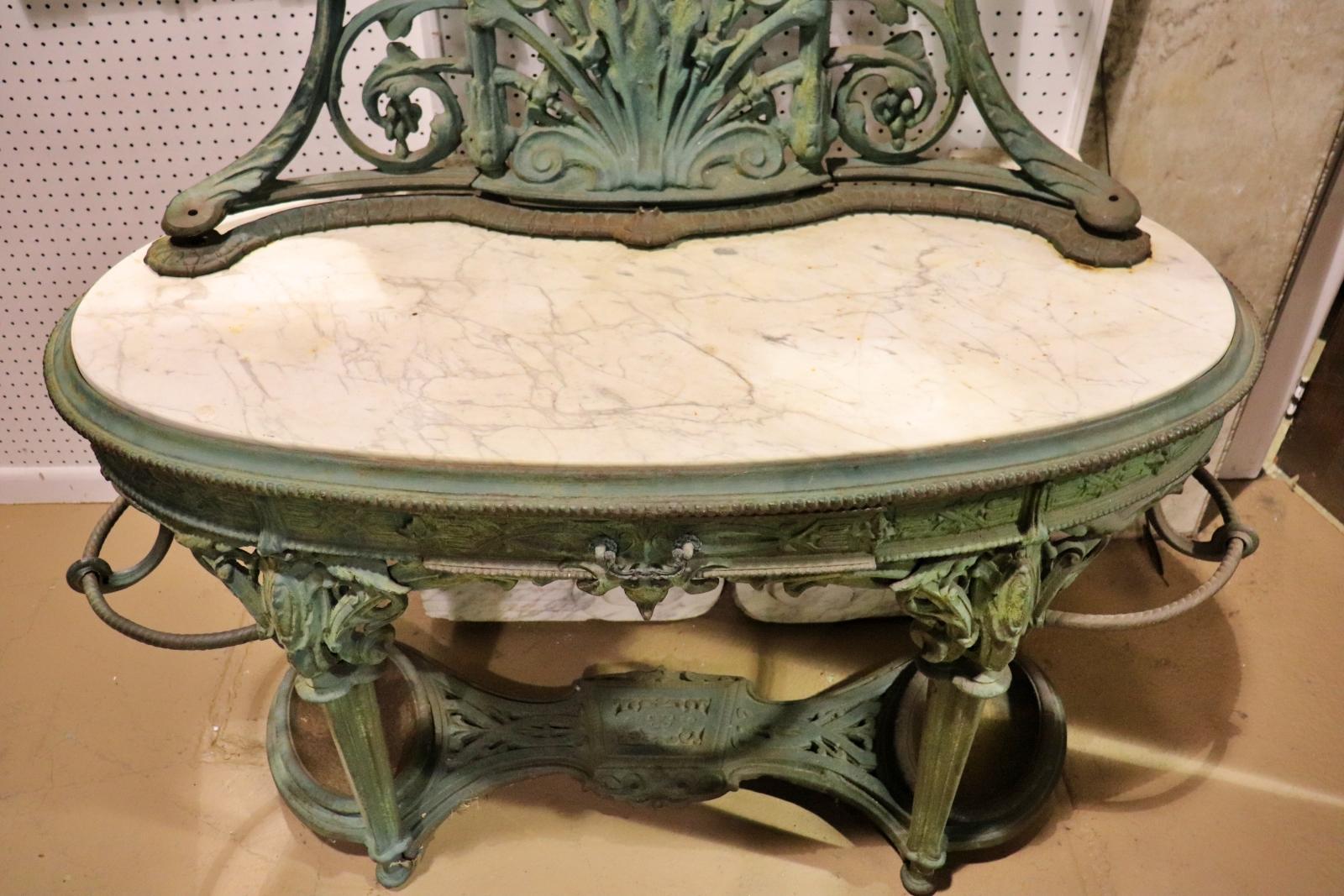 Cast Iron Verdi Gris Green Painted Marble Top Delft Coat Hall Tree Circa 1860 For Sale 2