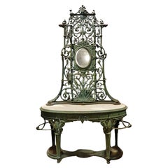 Cast Iron Verdi Gris Green Painted Marble Top Coat Hall Tree Circa 1890