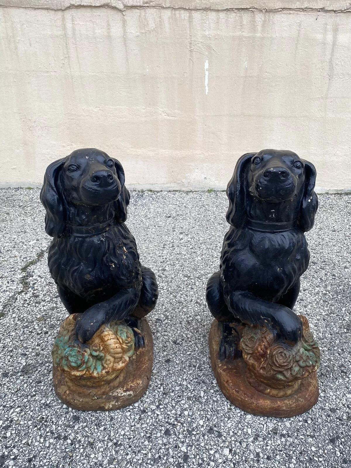 Cast Iron Victorian Seated Golden Retriever Dog Guardian Garden Entry Statues In Fair Condition For Sale In Philadelphia, PA