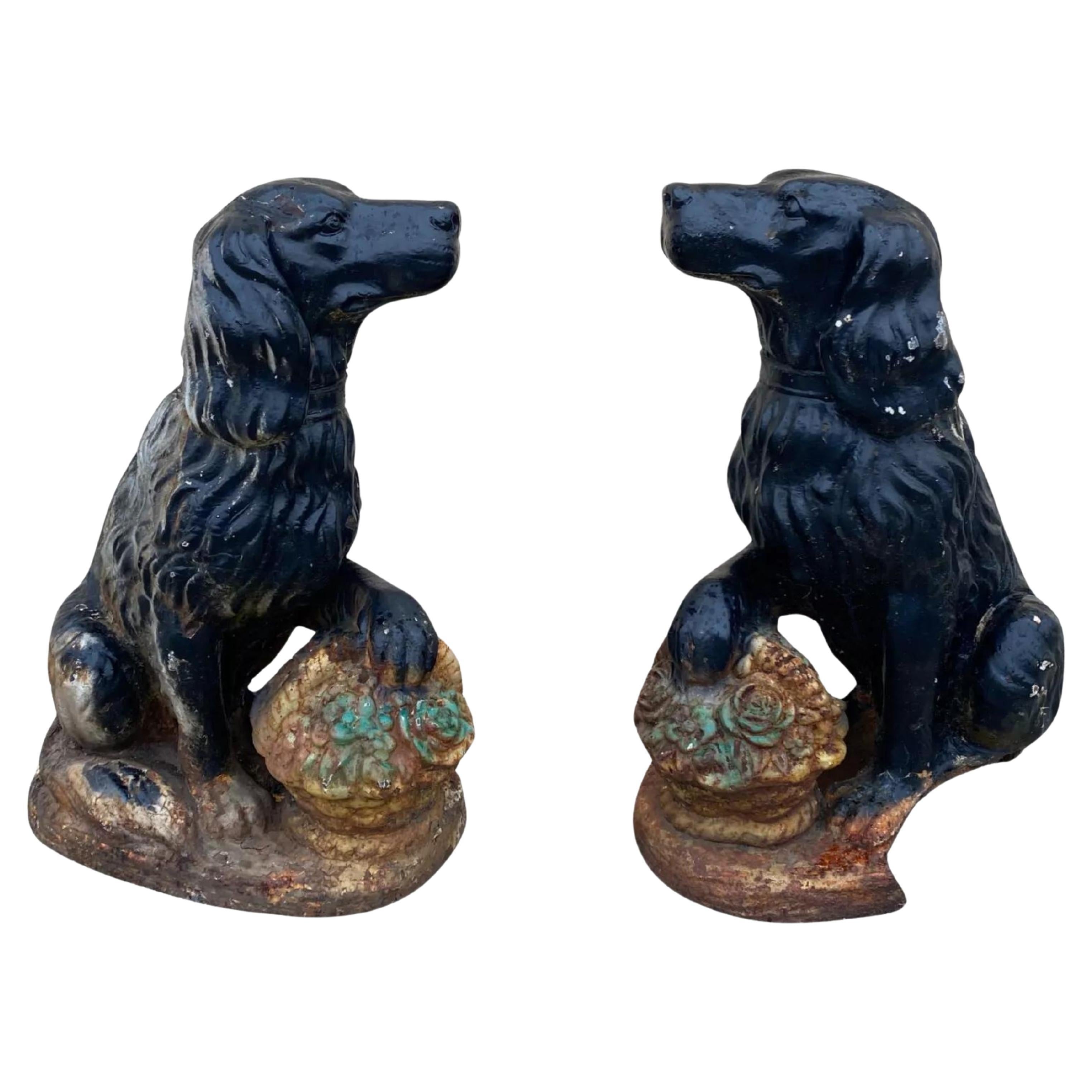 Cast Iron Victorian Seated Golden Retriever Dog Guardian Garden Entry Statues For Sale