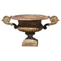 Vintage Cast Iron Victorian Style Weathered Urn Form Pedestal Planter with Twin Handles