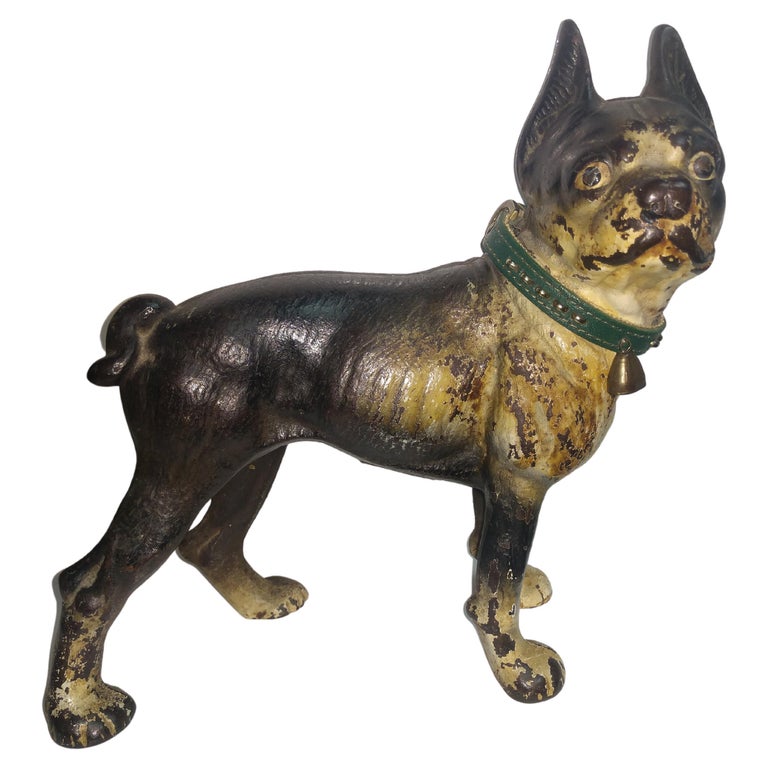 Cast Iron Vintage Door Stop Bulldog Terrier with Collar For Sale
