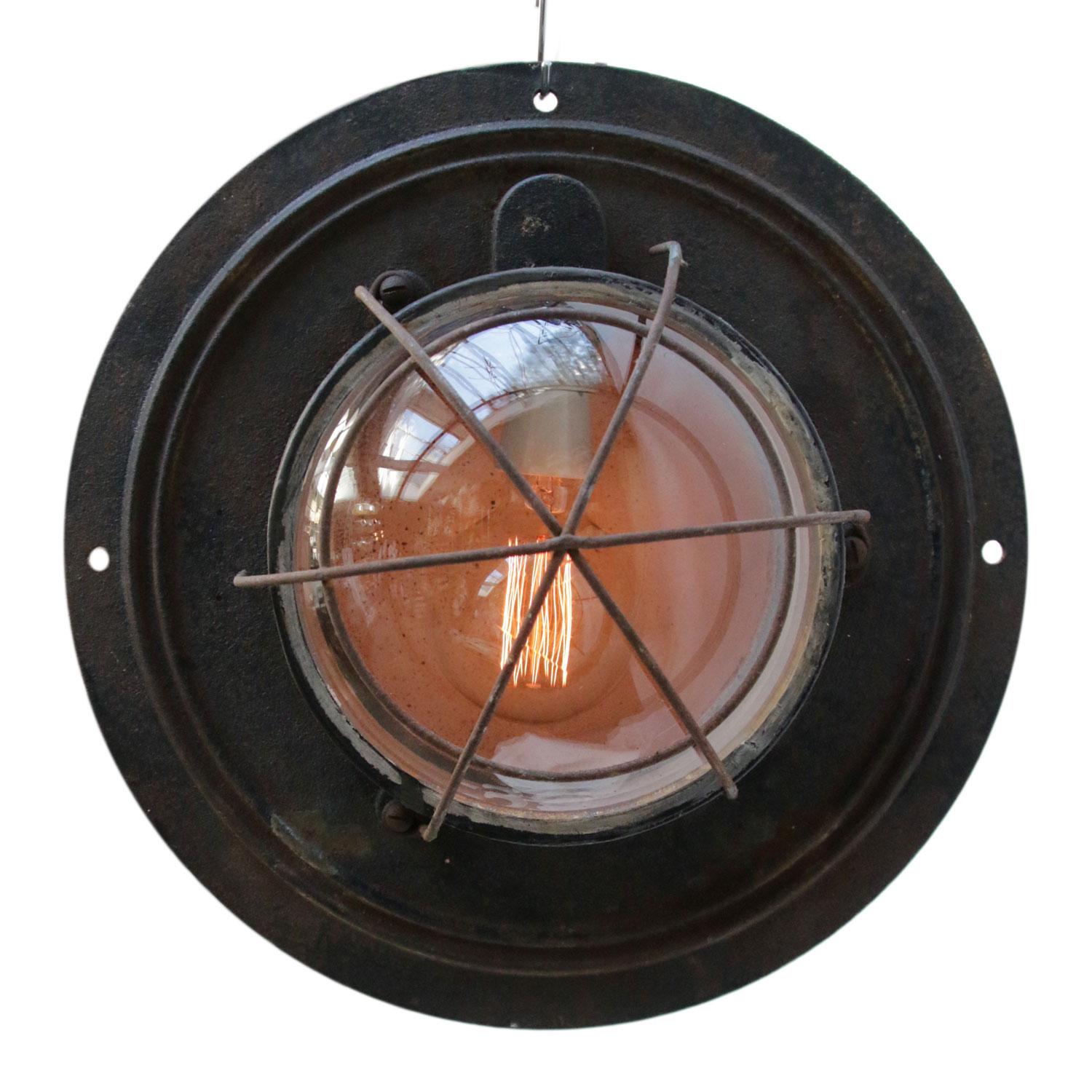 Cast iron industrial hanging light with clear glass.

Weight: 9.5 kg / 20.9 lb

All lamps have been made suitable by international standards for incandescent light bulbs, energy-efficient and LED bulbs. E26/E27 bulb holders and new wiring are CE