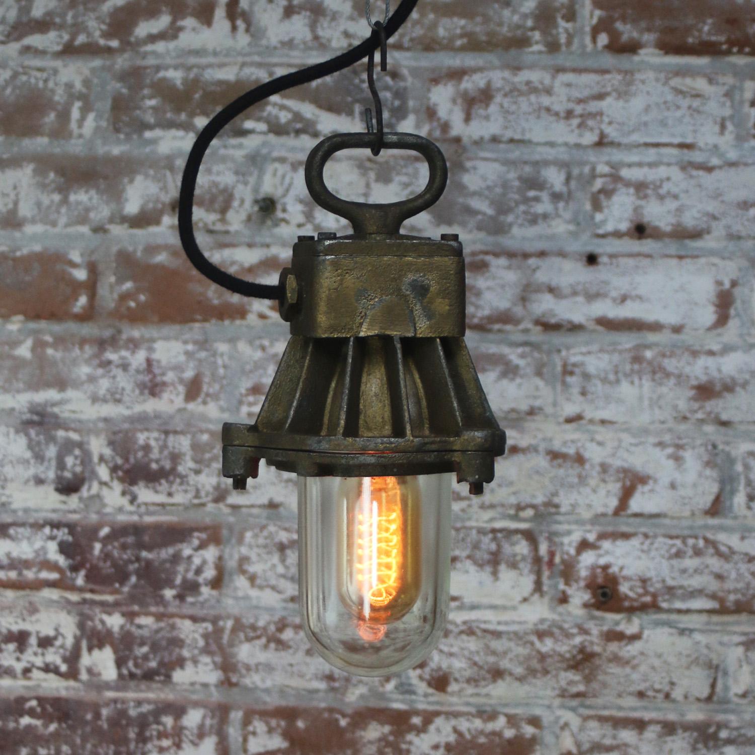 20th Century Cast Iron Vintage Industrial Clear Glass Pendant Lamp For Sale