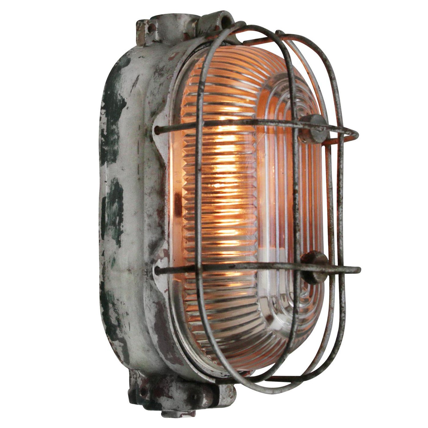 Lampada da parete in ghisa vintage industriale con vetro a strisce Holophane