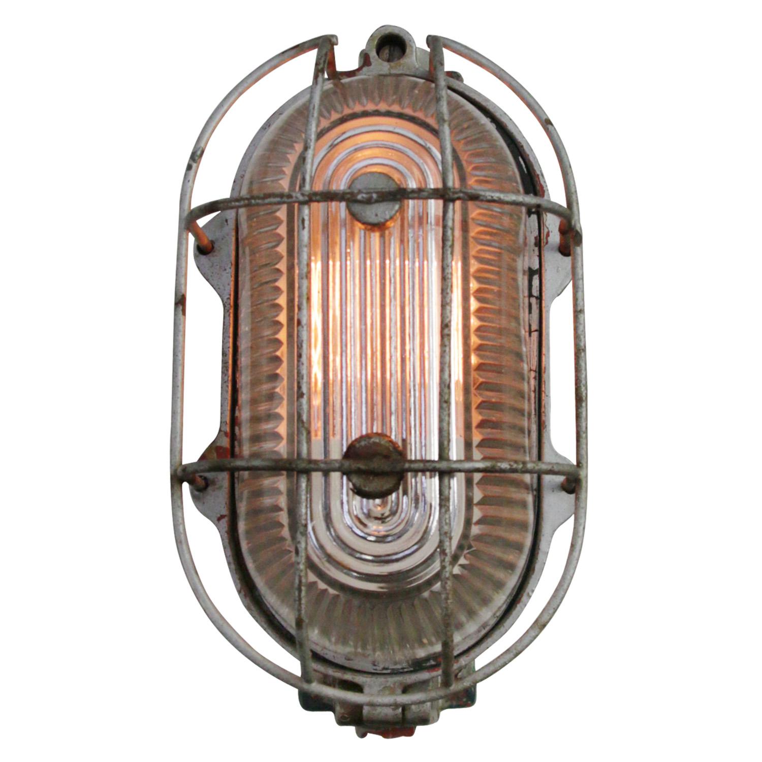 French Cast Iron Vintage Industrial Holophane Striped Glass Wall Lamp Scone