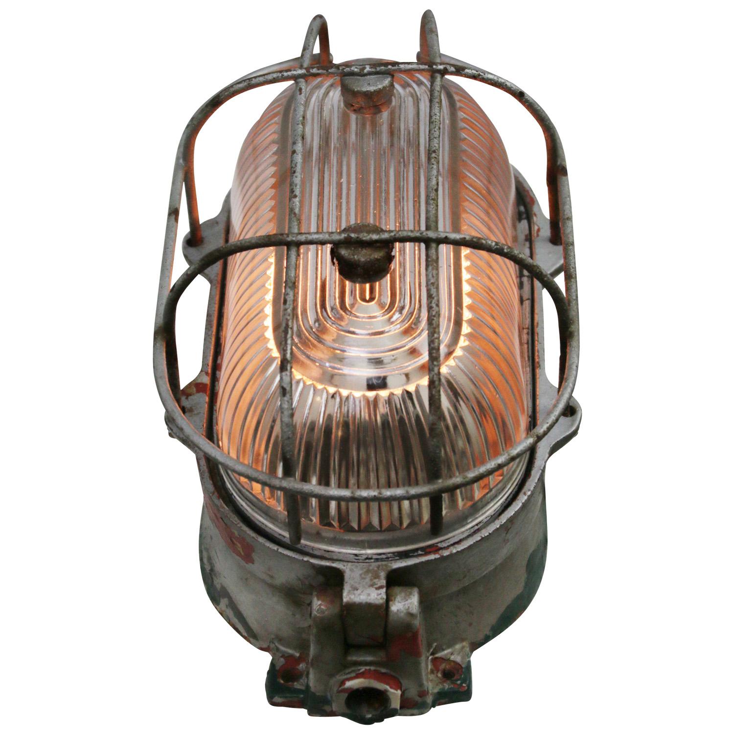 Cast Iron Vintage Industrial Holophane Striped Glass Wall Lamp Scone In Good Condition In Amsterdam, NL
