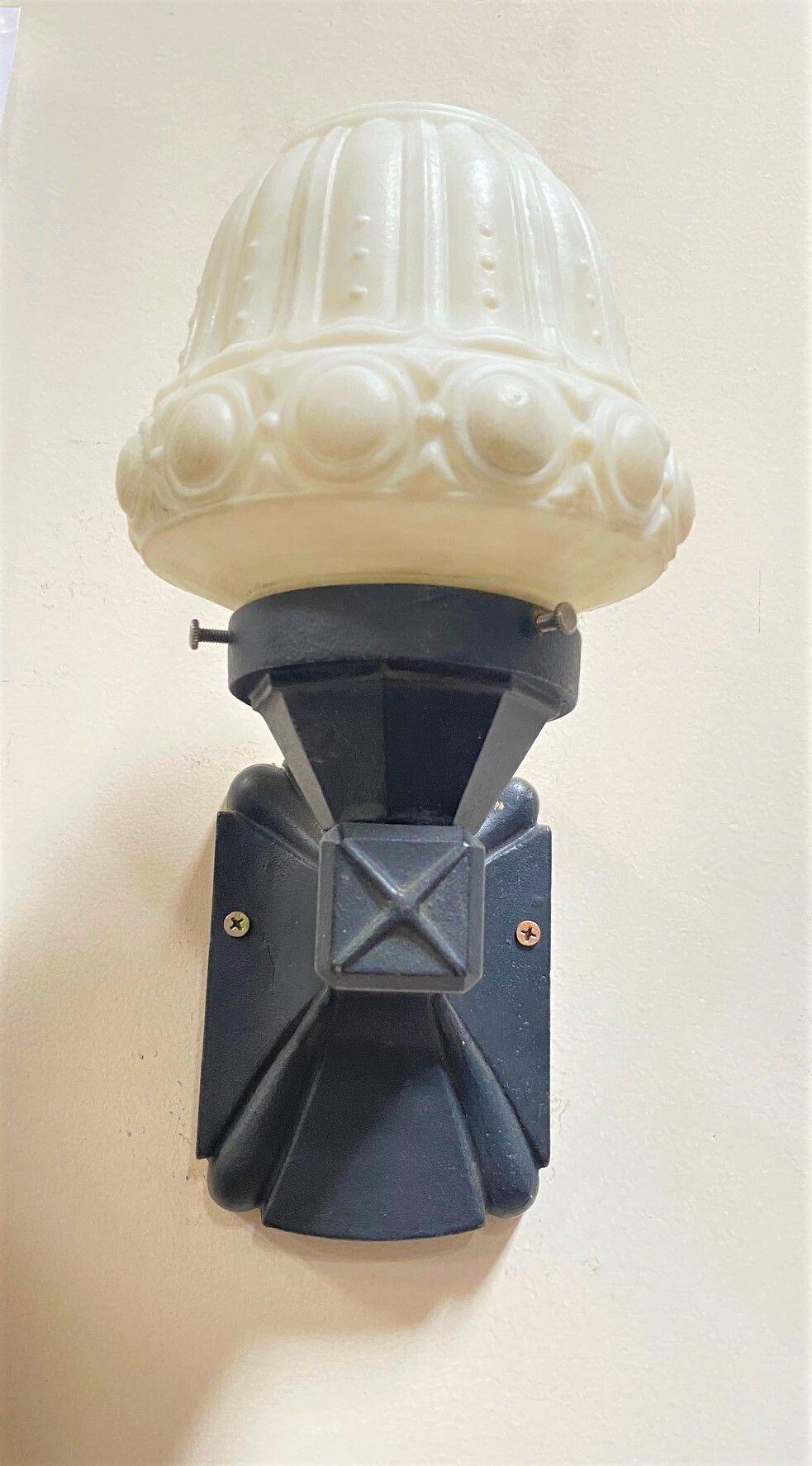 Cast Iron Wall Sconce w/ Fluted Acorn Milk Glass Globe In Excellent Condition For Sale In Van Nuys, CA