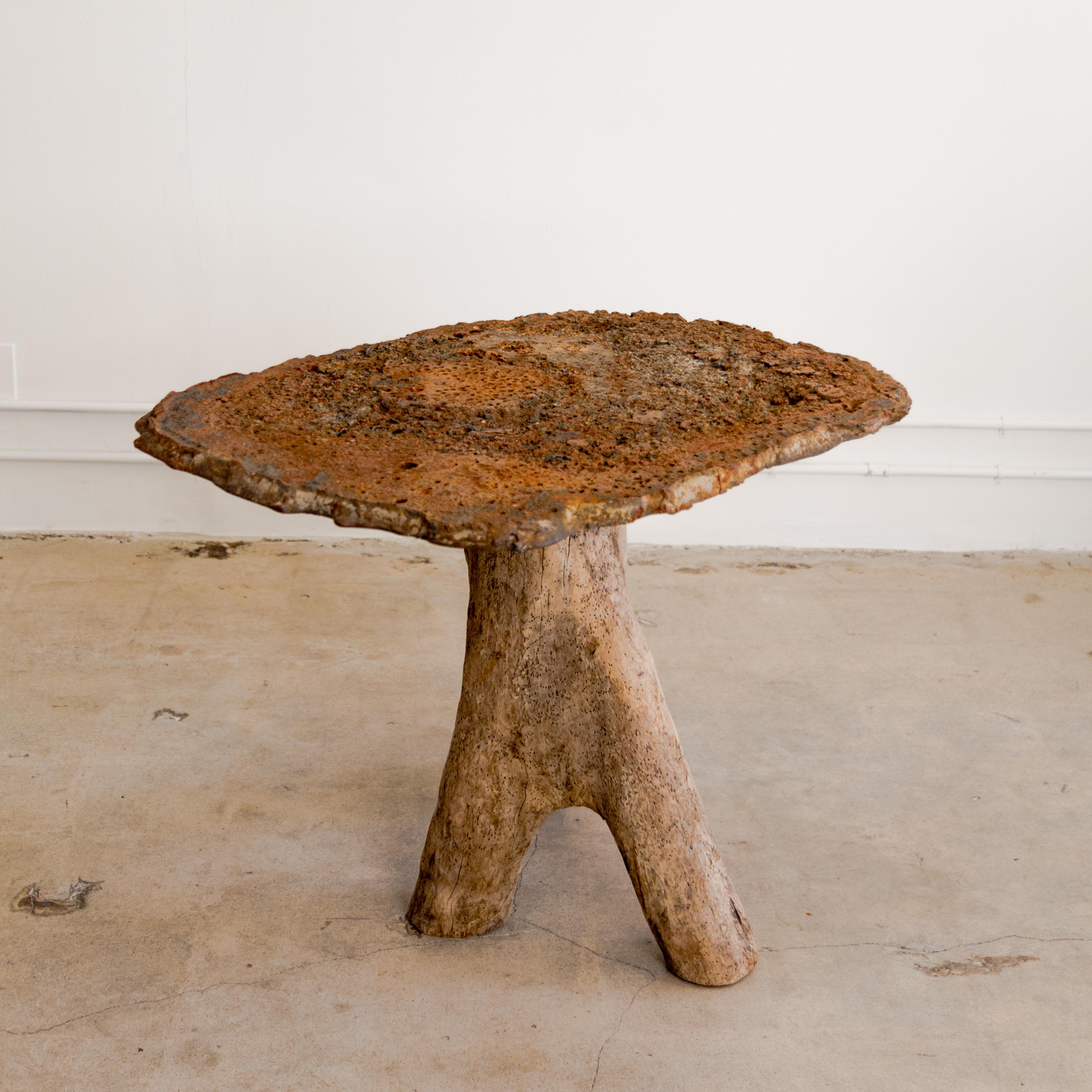 Brutalist Cast Iron + Wood Stump Gueridon Table For Sale