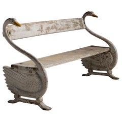 Antique Cast Iron & Wood Swan Bench, France, circa 1880