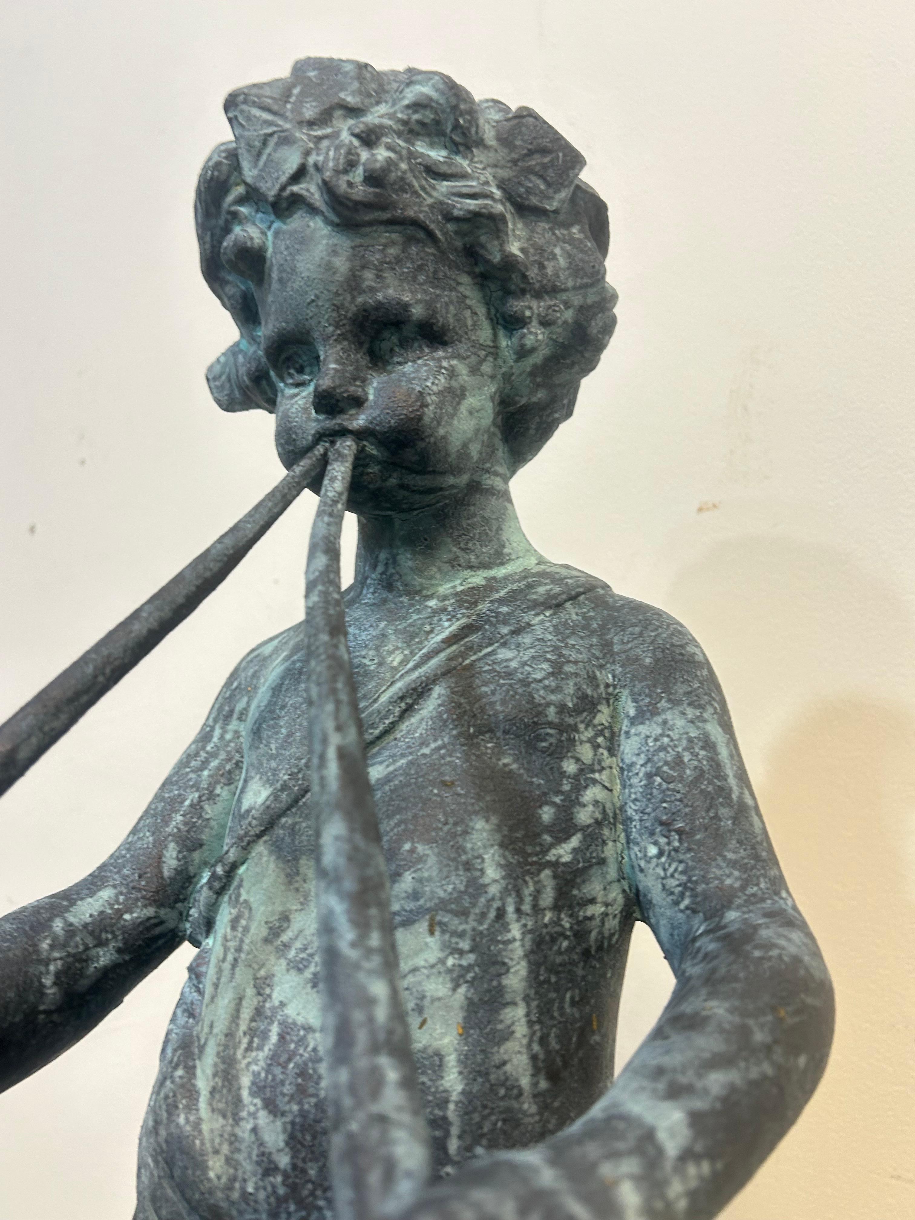 Cast lead garden statue of Pan as a young boy playing paired pipes For Sale 9
