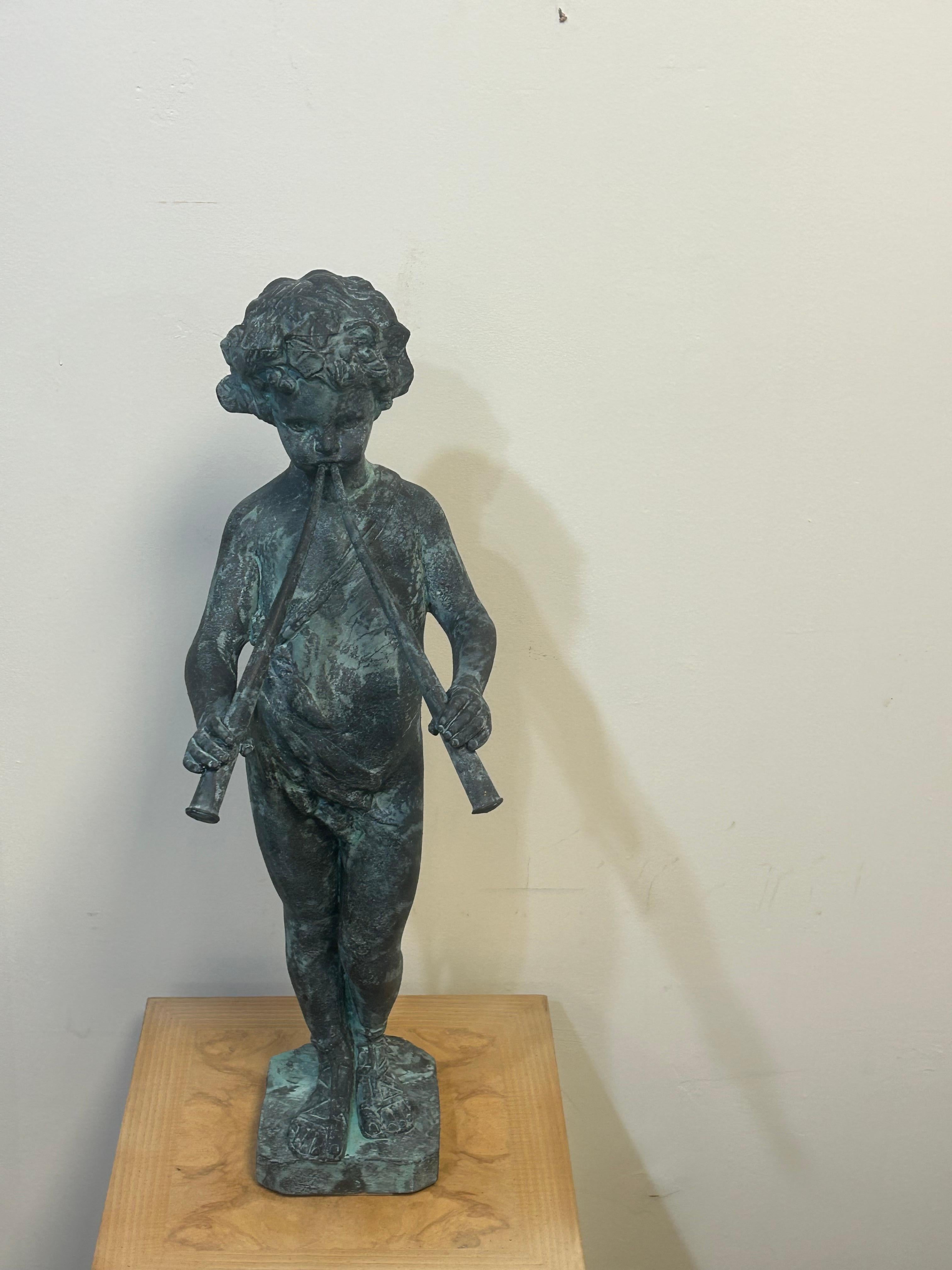 Cast lead garden statue of Pan as a young boy playing paired pipes For Sale 10