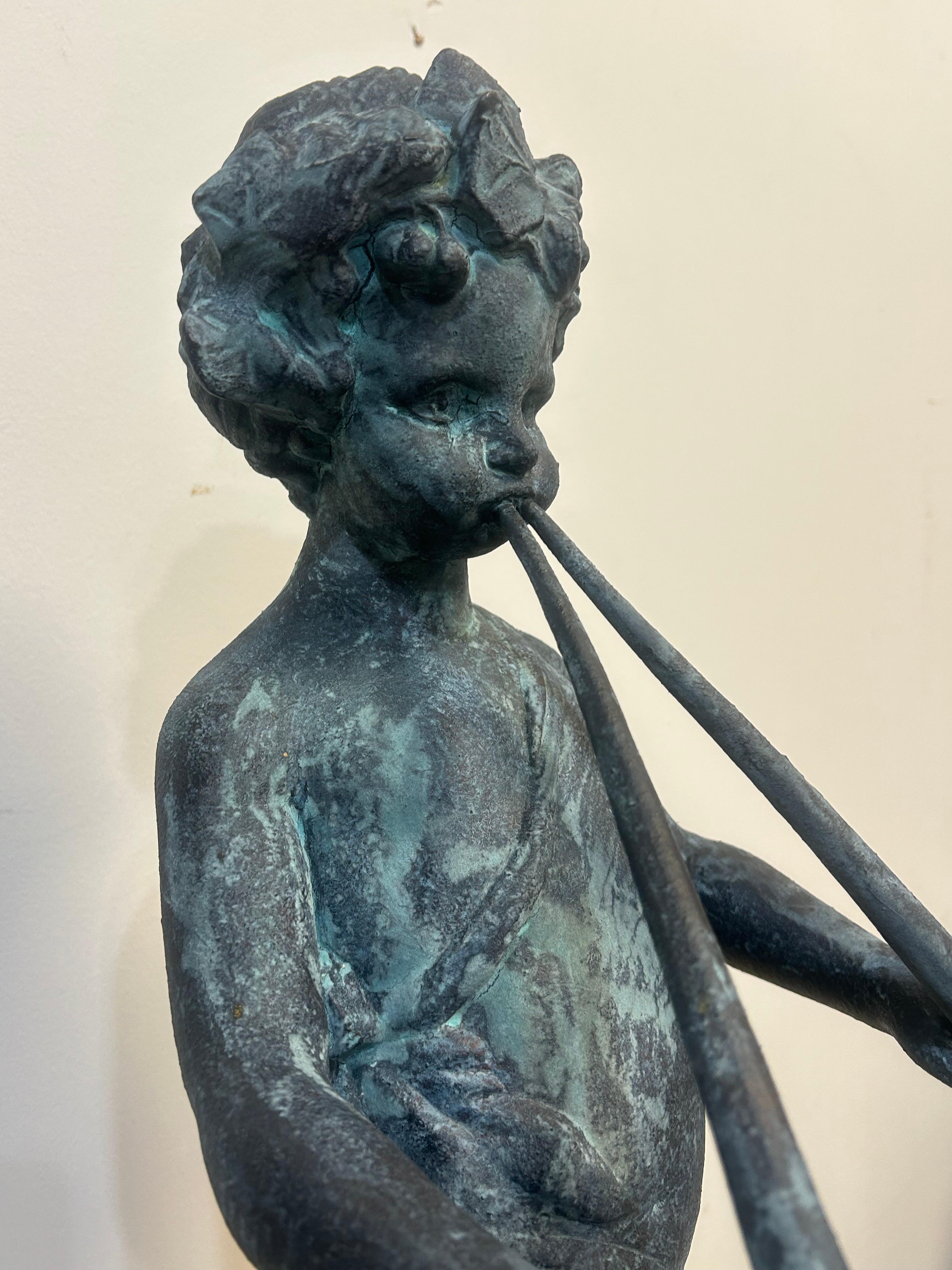 Cast lead garden statue of Pan as a young boy playing paired pipes For Sale 11
