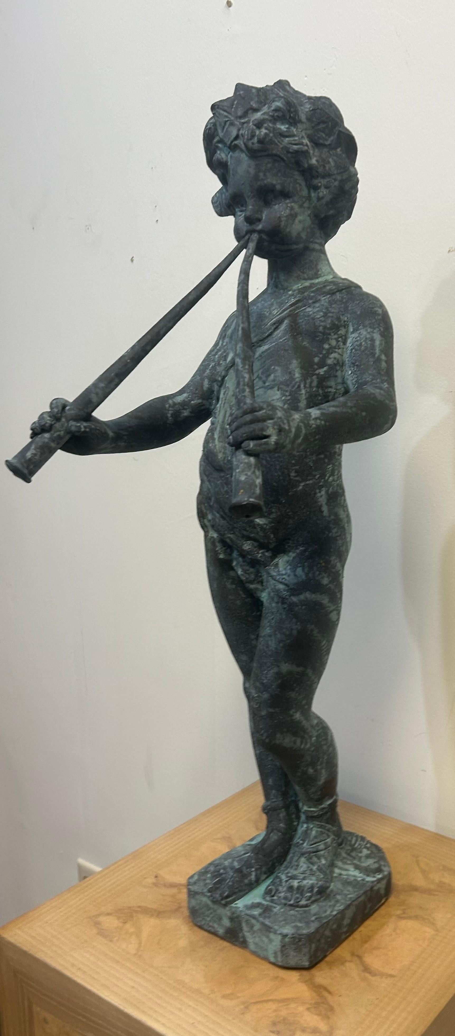 Cast lead garden statue of Pan as a young boy playing paired pipes For Sale 12