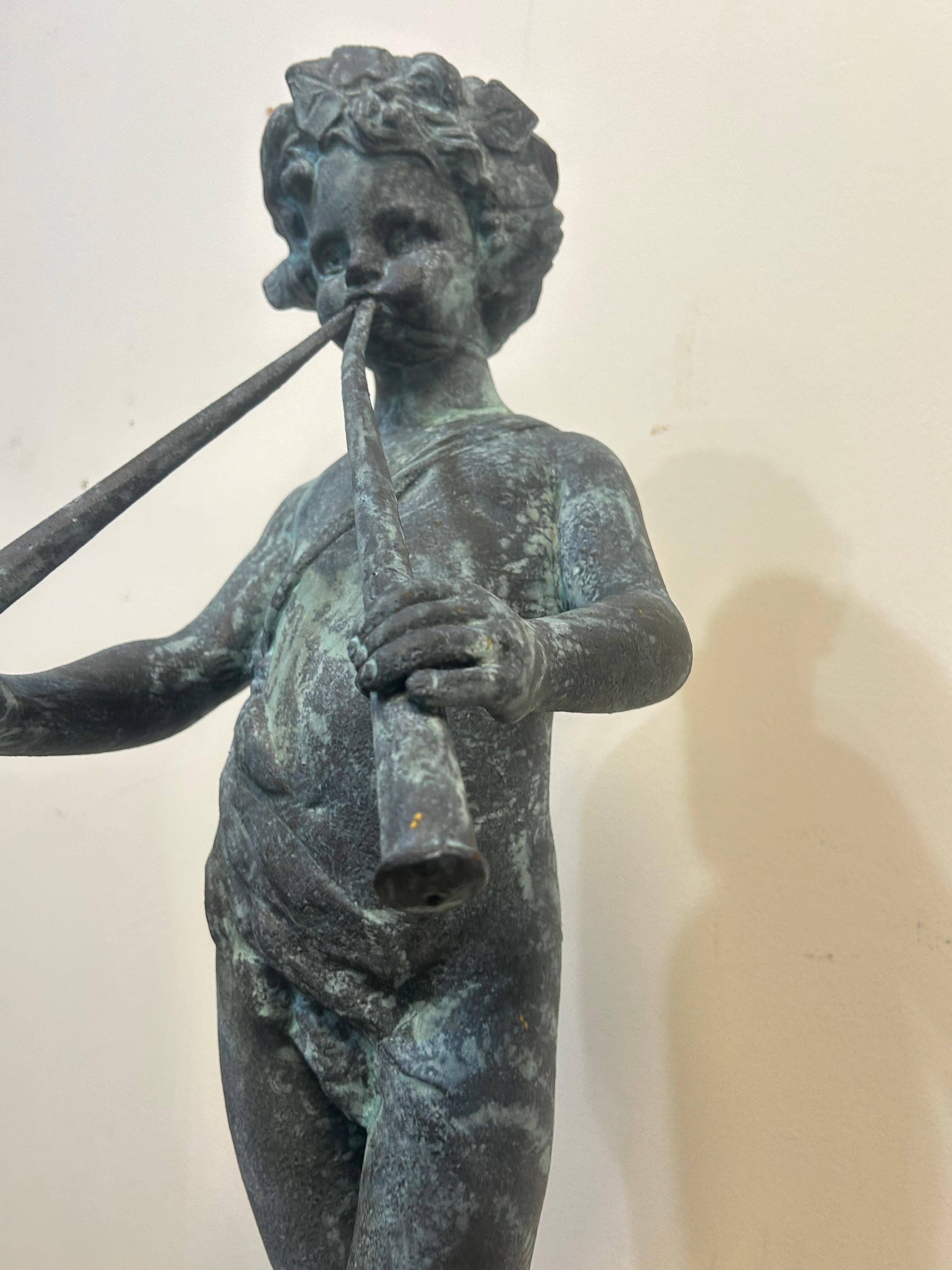 Cast lead garden statue of Pan as a young boy playing paired pipes For Sale 13