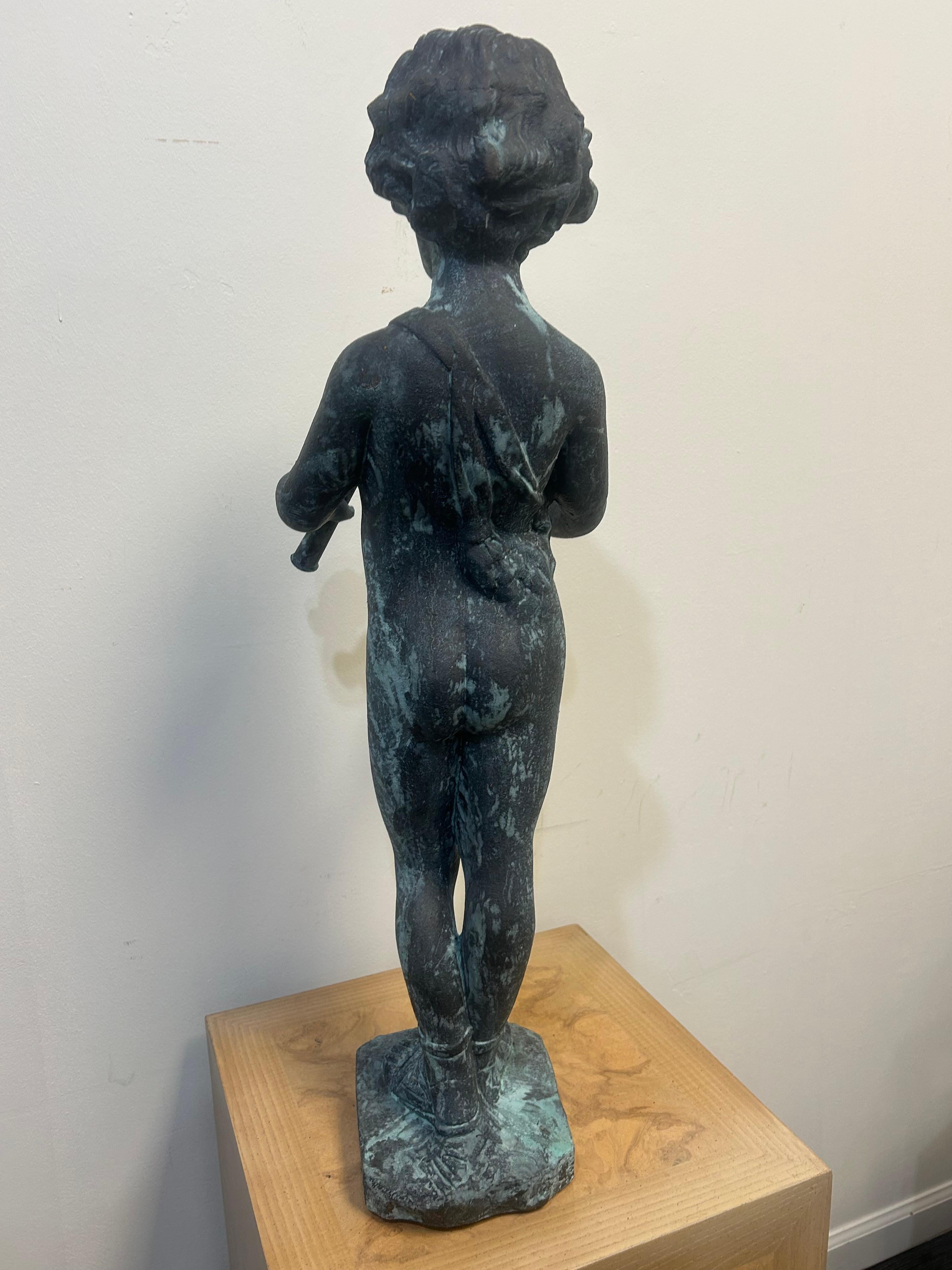 Cast lead garden statue of Pan as a young boy playing paired pipes For Sale 2