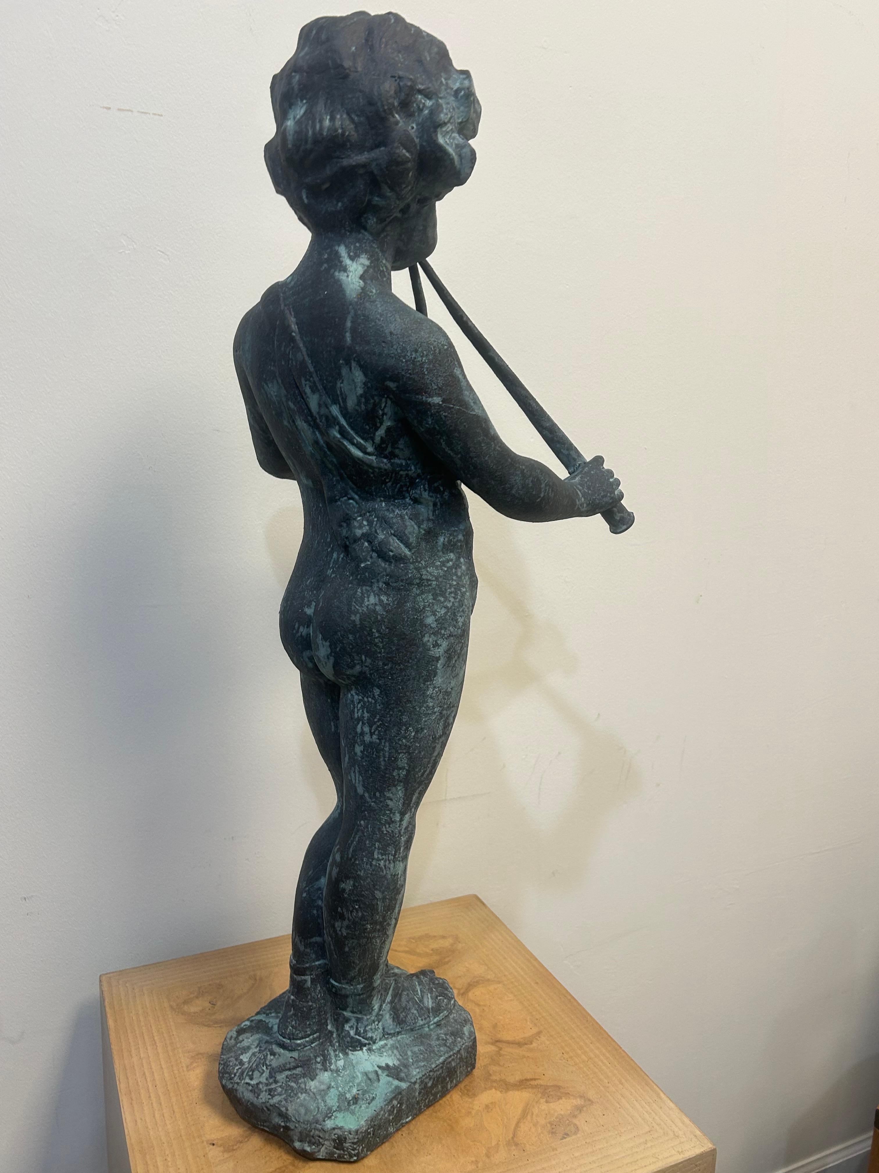 Cast lead garden statue of Pan as a young boy playing paired pipes For Sale 3