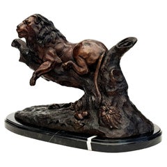 Antique Cast Lion Sculpture on Black Marble Base After Jules Moigniez