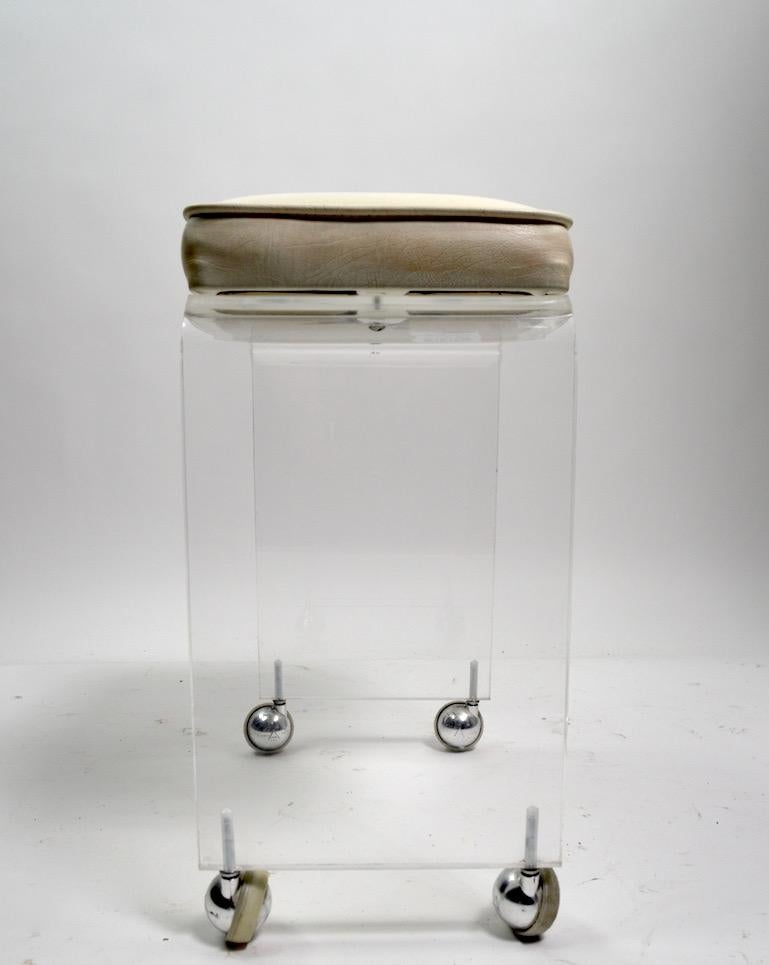 Hollywood Regency Cast Lucite Waterfall Bench Stool  on Chrome Ball Caster Feet For Sale