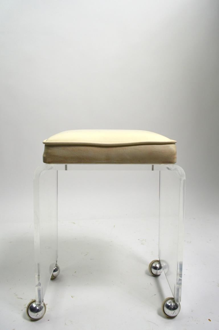 20th Century Cast Lucite Waterfall Bench Stool  on Chrome Ball Caster Feet For Sale