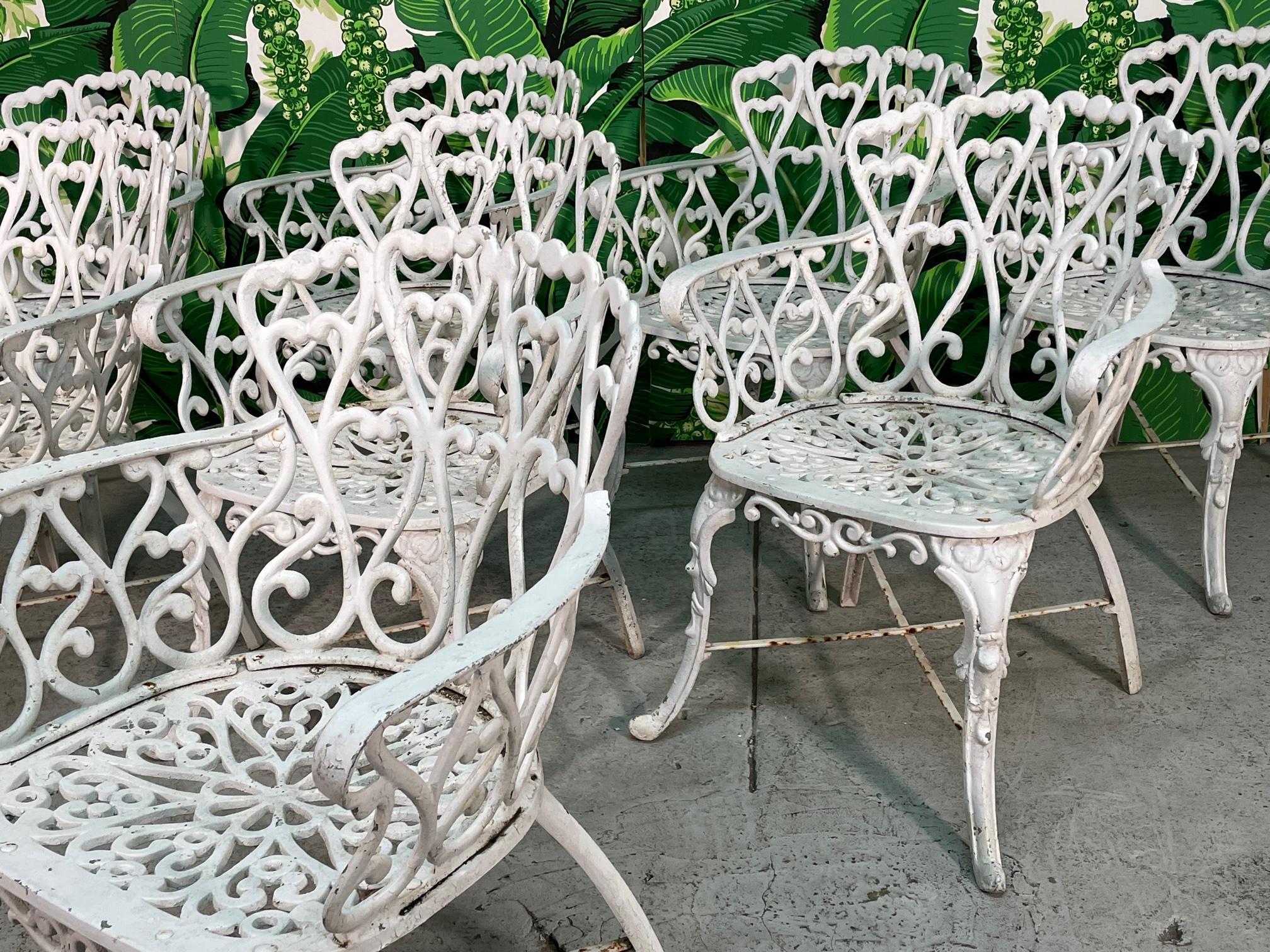 Hollywood Regency Cast Metal Garden Patio Chairs in the Manner of Frances Elkins, Set of 8 For Sale