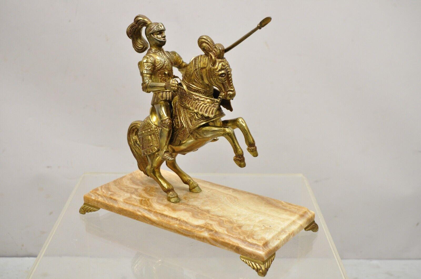 Vintage Cast Metal Marble Base Renaissance Style Gothic Soldier on Horse Statue Figure. Item features  Marble base figural cast metal figure of horse riding soldier, gold finish. Very nice vintage item, great style and form. Circa Mid 20th Century.