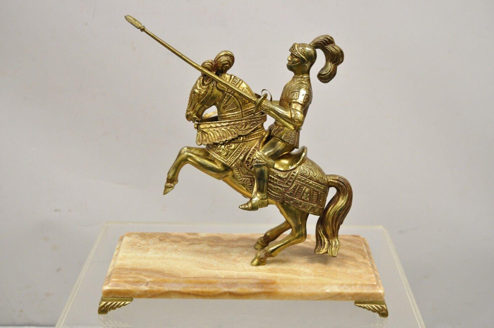 Brass Cast Metal Marble Base Renaissance Style Gothic Soldier on Horse Statue Figure For Sale