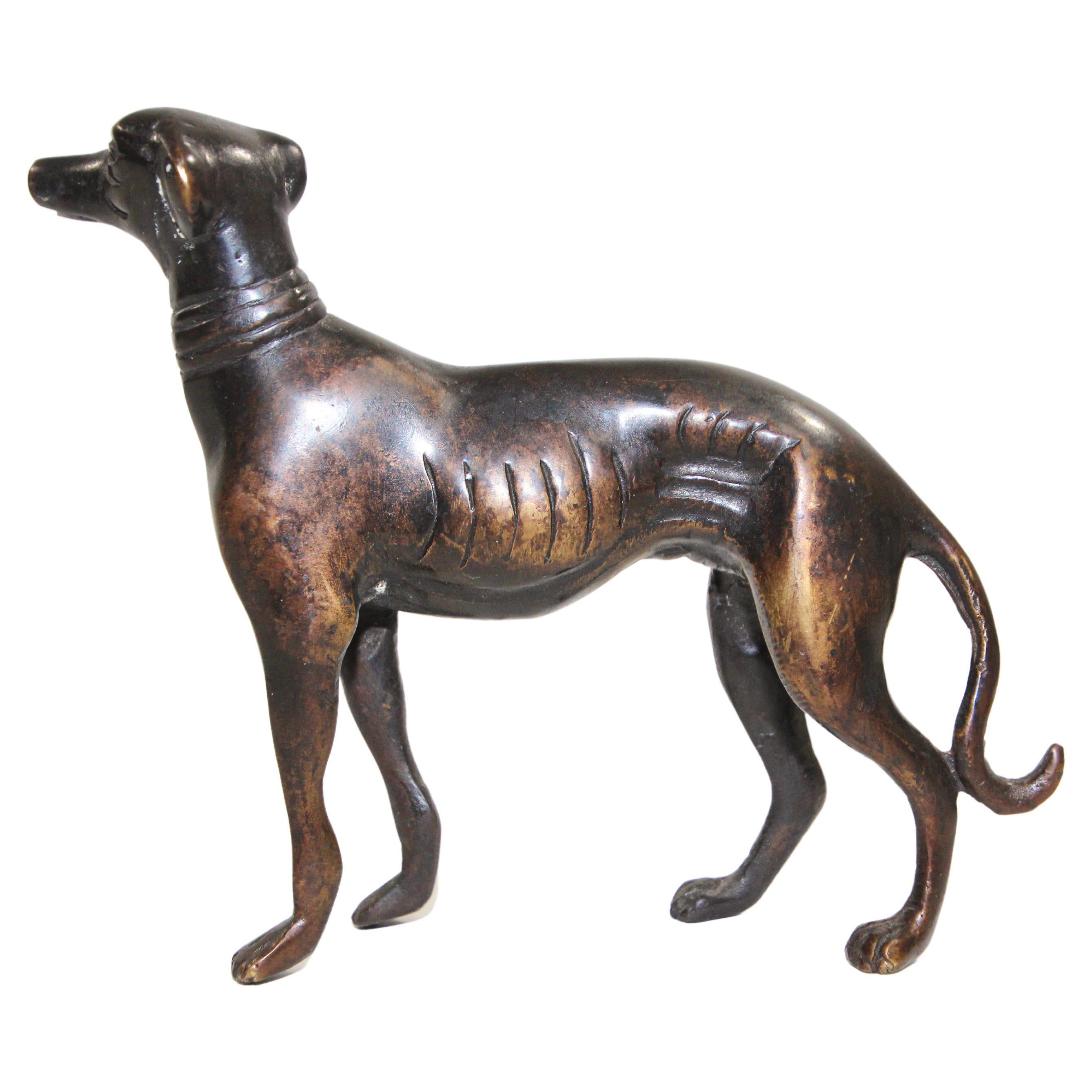 Beautiful cast metal bronze greyhound dog sculpture.
An elegant, detailed cast sculpture depicting a greyhound dog..
Sculptures depicting a greyhound dog.
Made with the fusion system cast metal in beautiful dark bronze black color.
Size: is 5.5