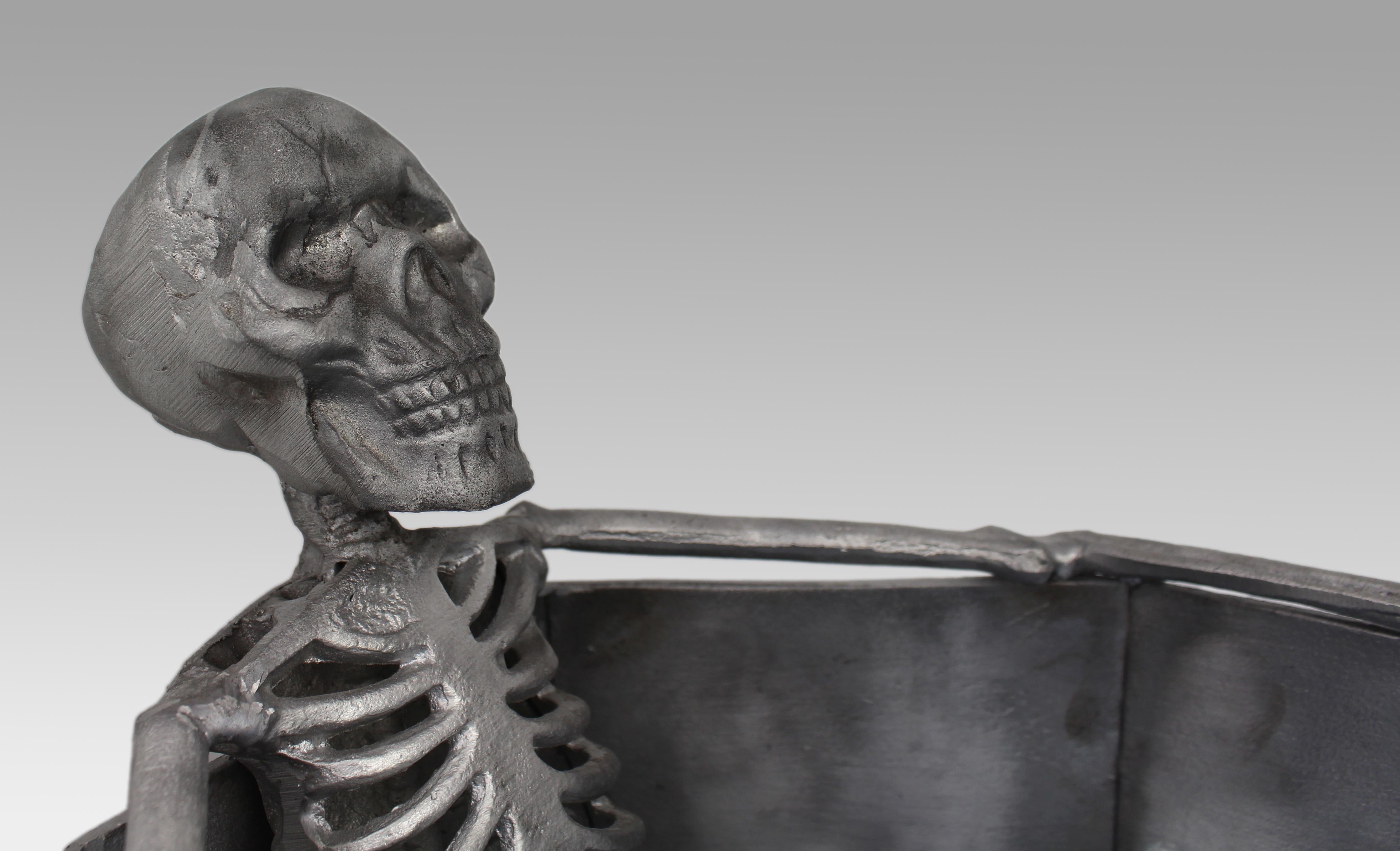 Contemporary Cast Metal Skeleton Champagne Cooler in Coffin Form For Sale