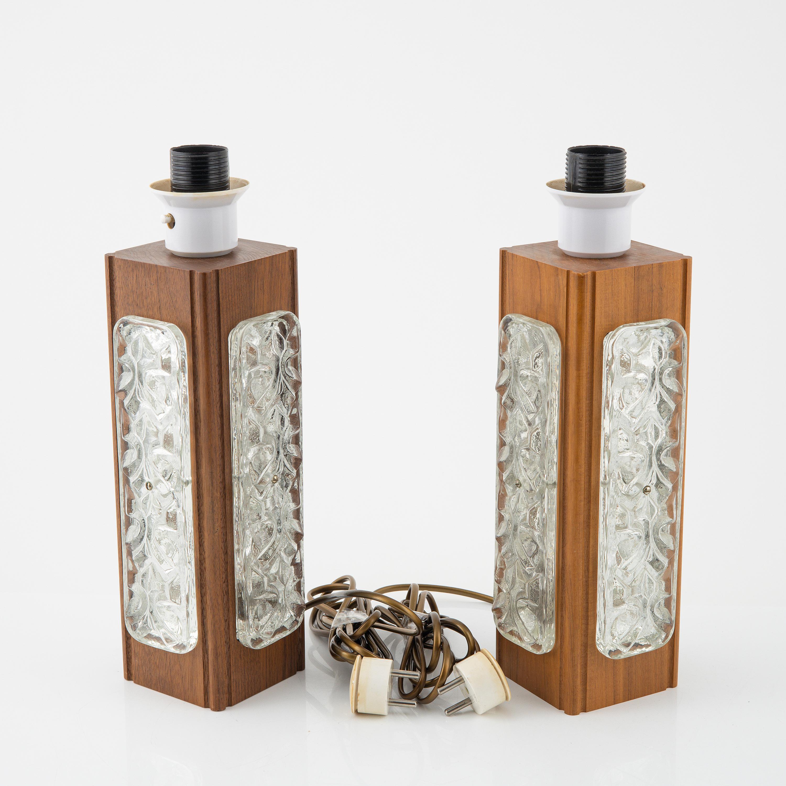 Scandinavian Modern Anonymous Table lamps pair in Cast Glass and Teak  Sweden 1960 For Sale