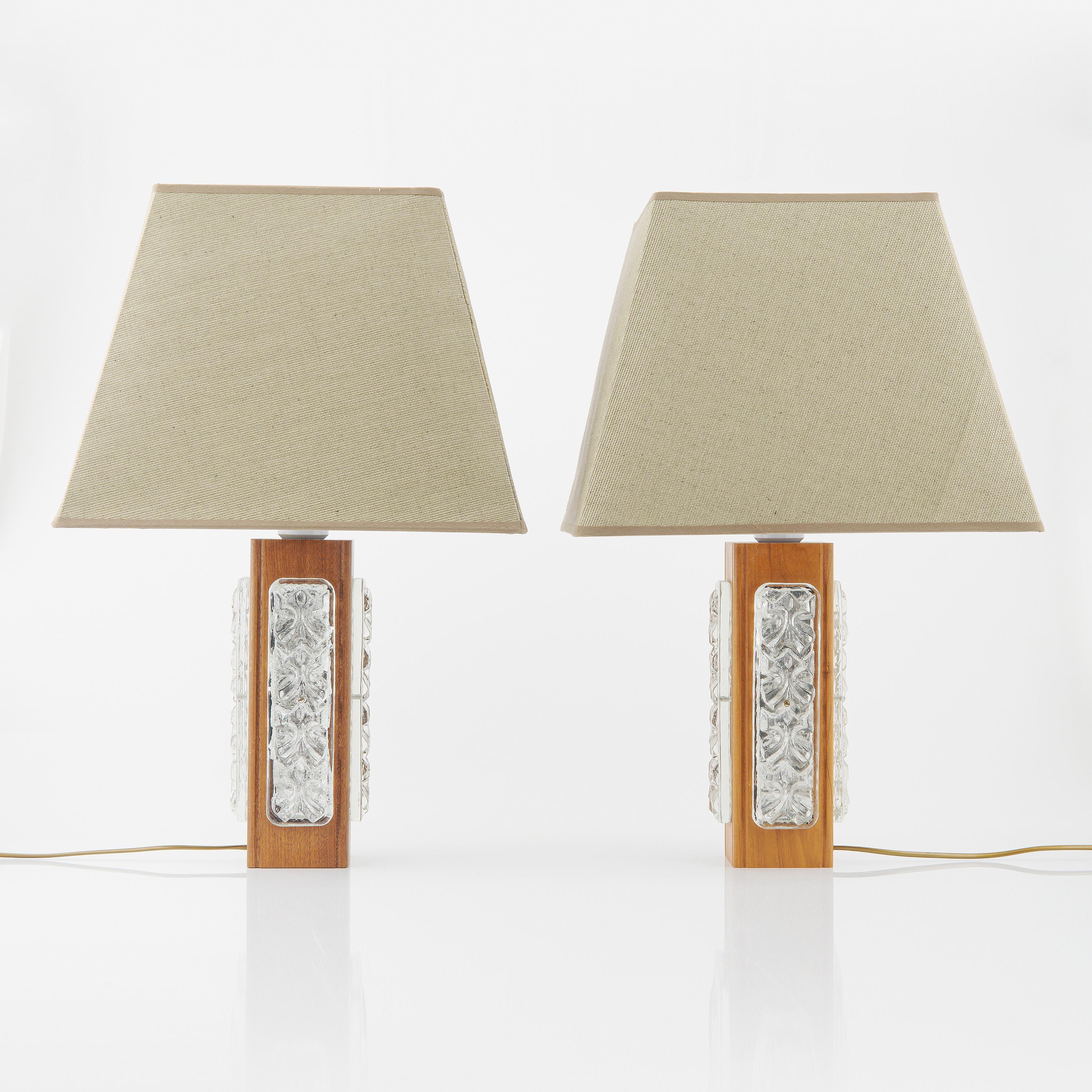 Swedish Anonymous Table lamps pair in Cast Glass and Teak  Sweden 1960 For Sale