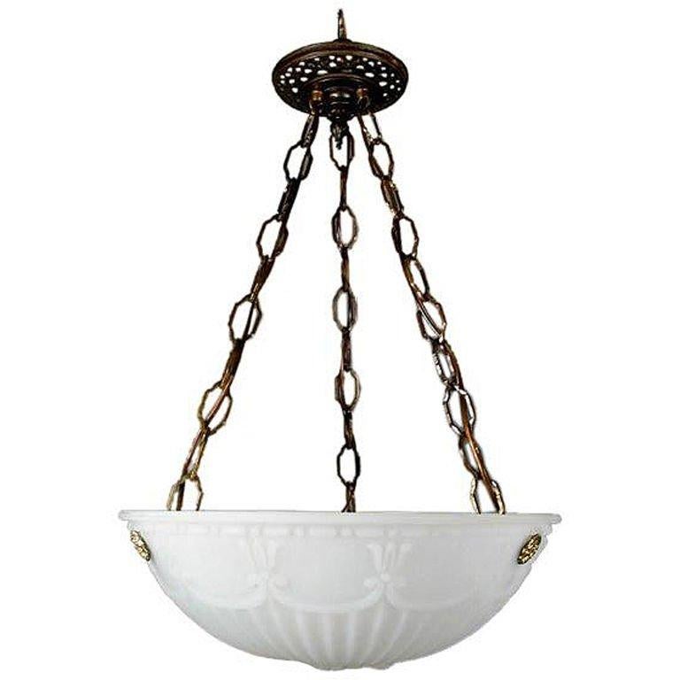 Neoclassical Cast Opaline Glass and Brass Chandelier  Dome, circa 1910s In Good Condition For Sale In Douglas Manor, NY