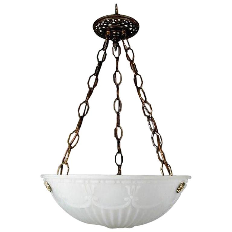 Neoclassical Cast Opaline Glass and Brass Chandelier  Dome, circa 1910s For Sale