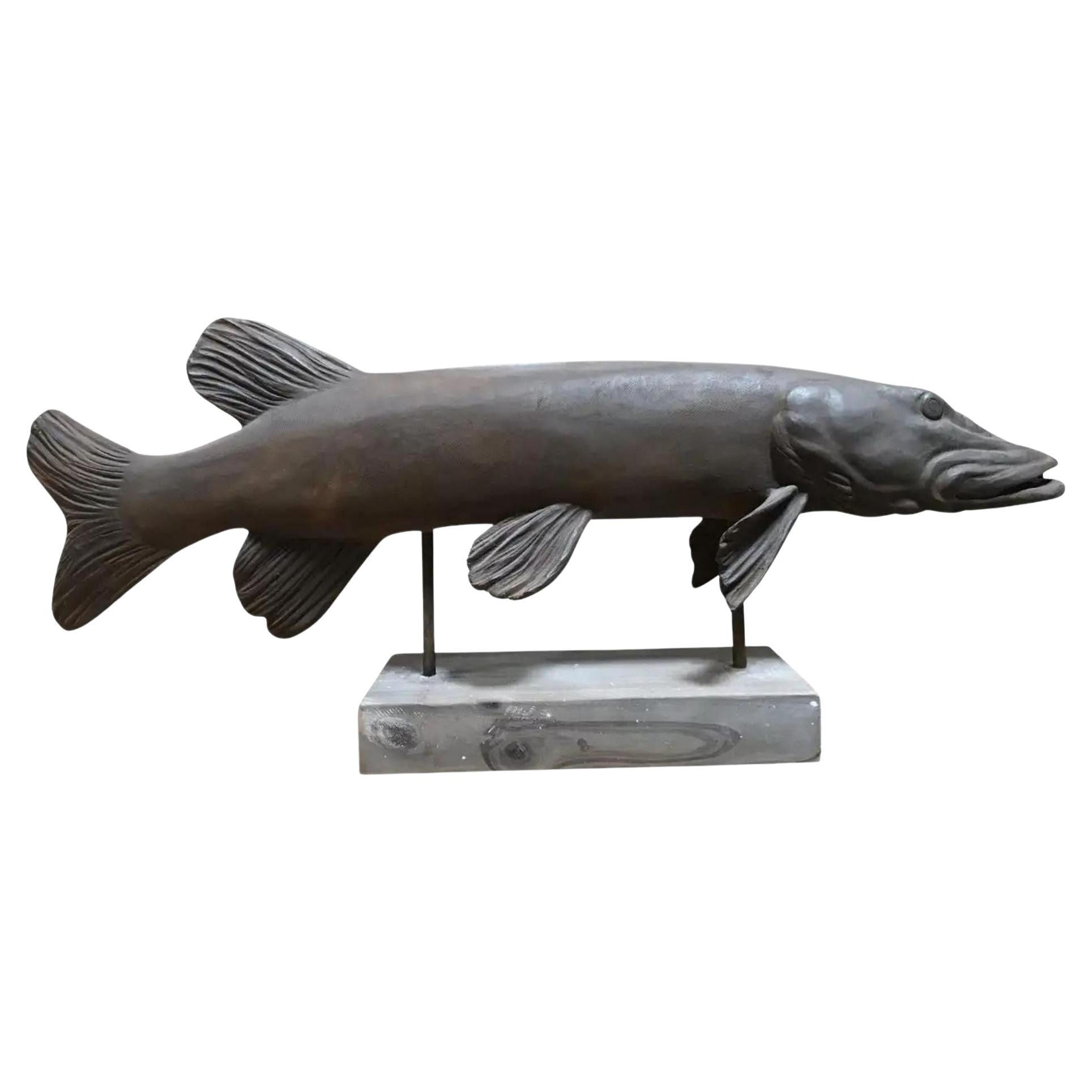 Cast Pike Fish Sculpture Mounted on Wood