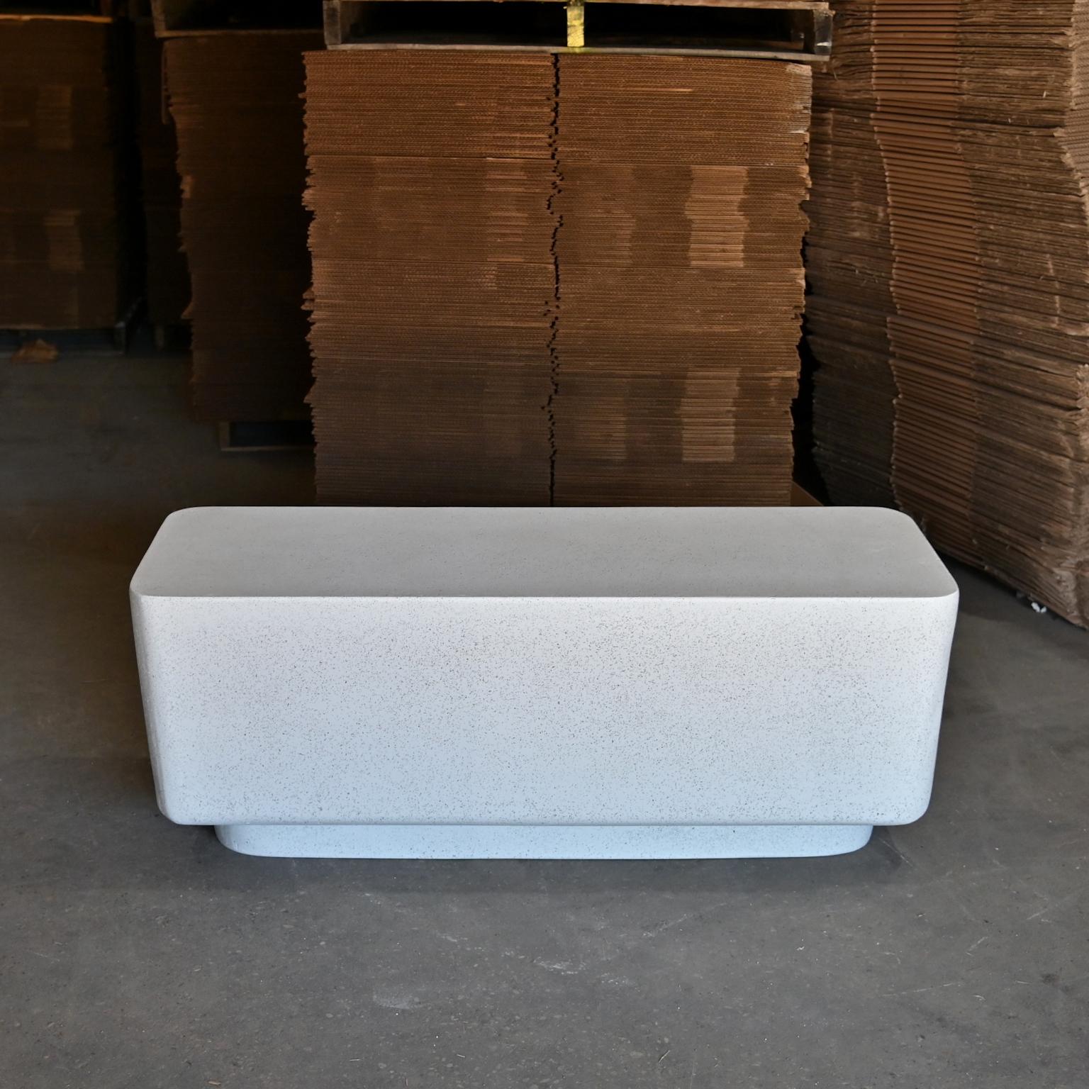 A sheer look, rounded and softened.

Dimensions: width 48 in. (122 cm), depth 18 in. (45.7 cm), height 18 in. (45.7 cm). weight 25 lbs. (11.3 kg)
No assembly required.

Finish color options:
White stone (shown)
Natural stone
Aged