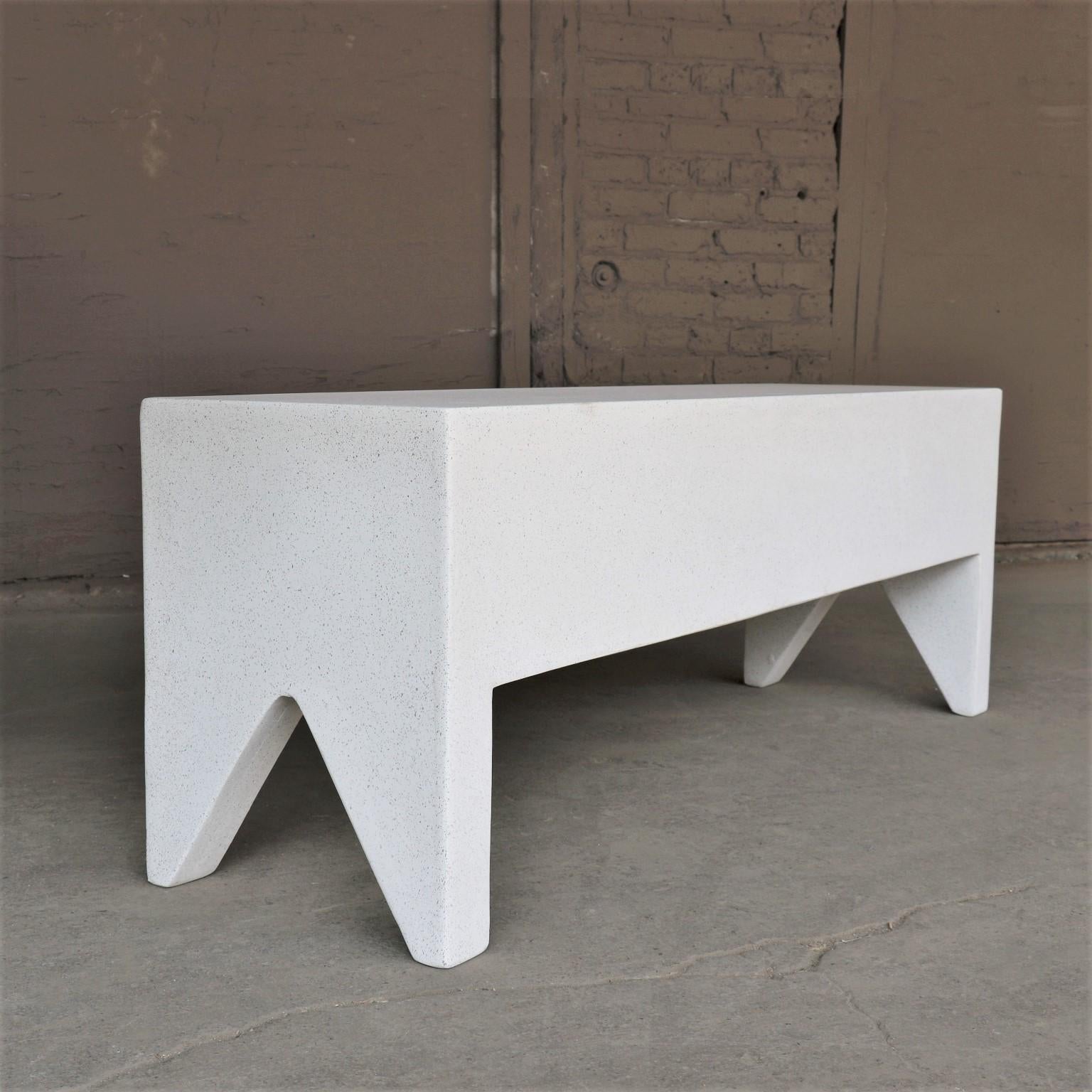 A hint of ornament. Americana at its Brutalist functional extreme.

Dimensions: Width 50 in. (127 cm), depth 14 in. (35.5cm), height 18 in. (45.7 cm). Weight 45 lbs. (20.4 kg). No assembly required.

Finish Color options:
white stone (shown)
natural