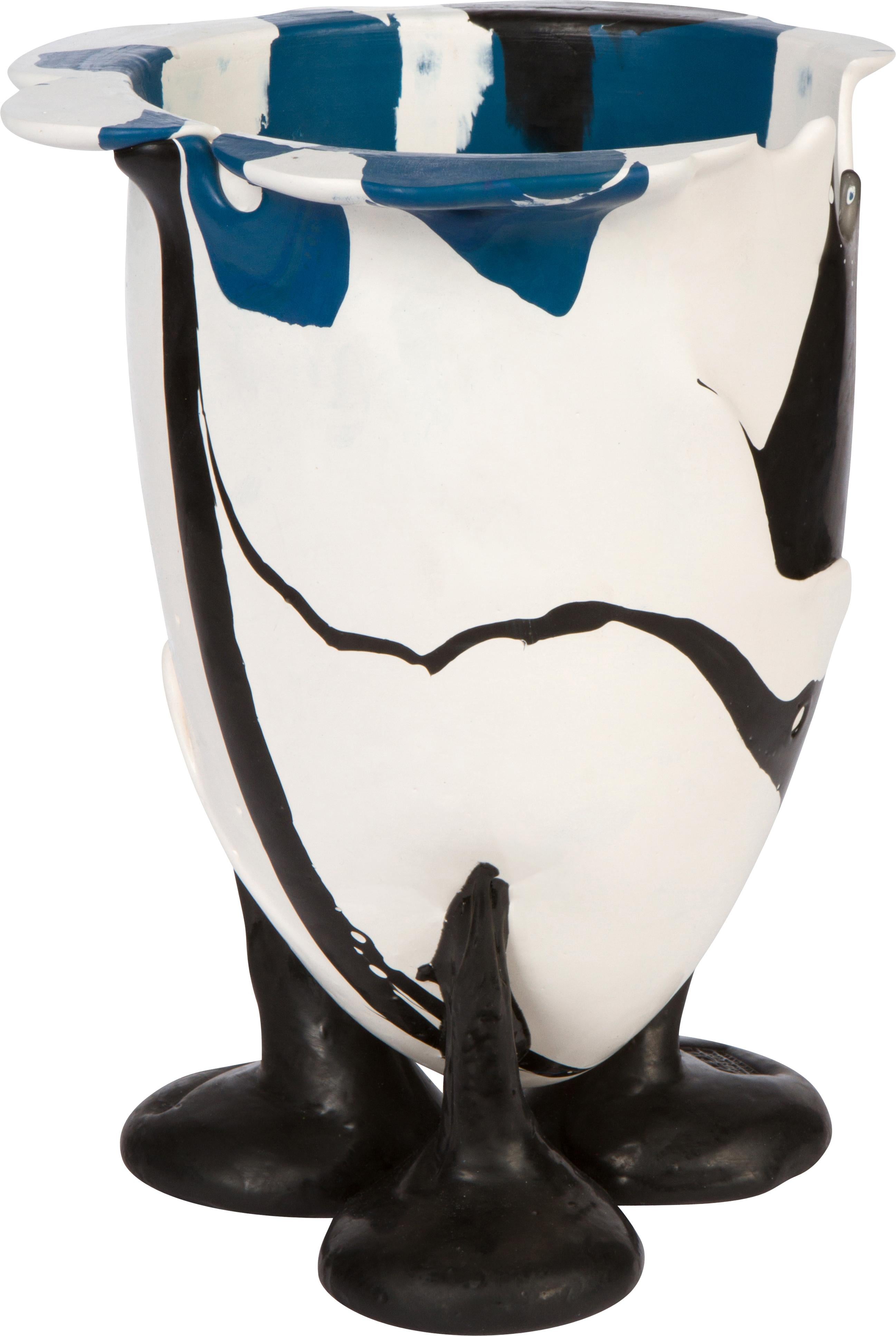 Playful, abstract design vase of cast resin in colors of blue, back and white by architect and designer, Gaetano Pesce. Signed and stamped, 2008.