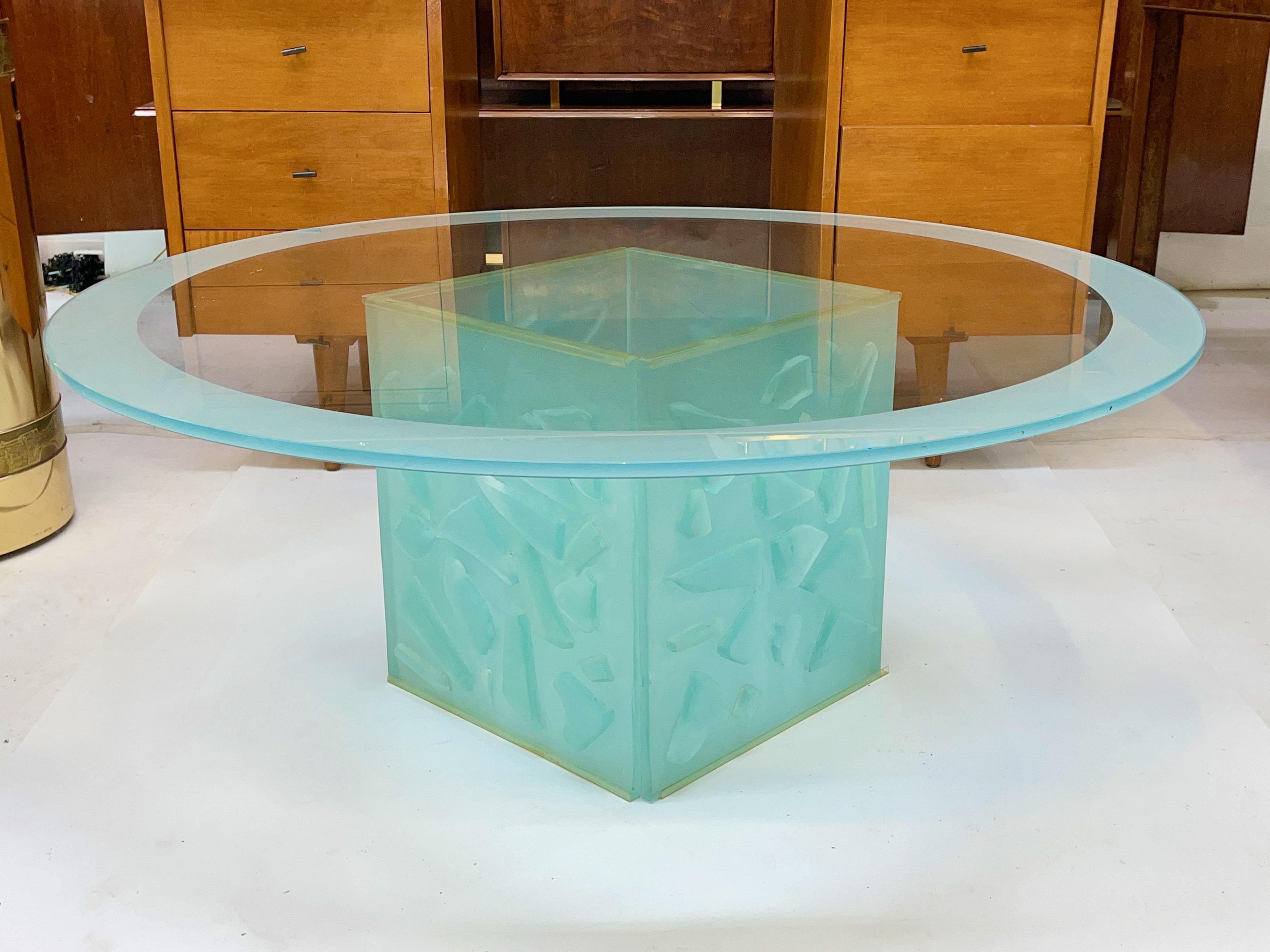 Cast & Sandblasted Glass Round Cocktail Table For Sale 1