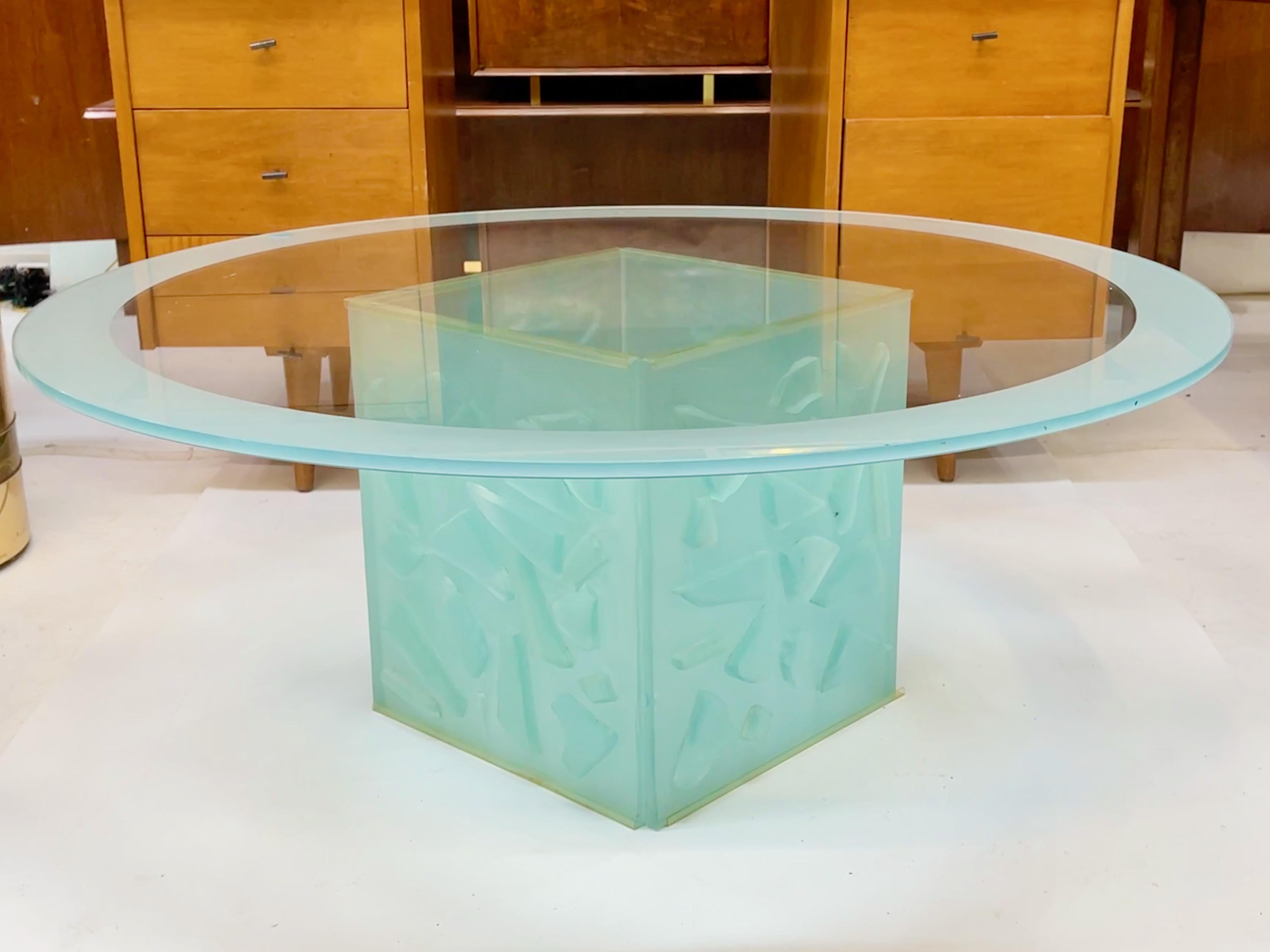 Cast & Sandblasted Glass Round Cocktail Table For Sale 2