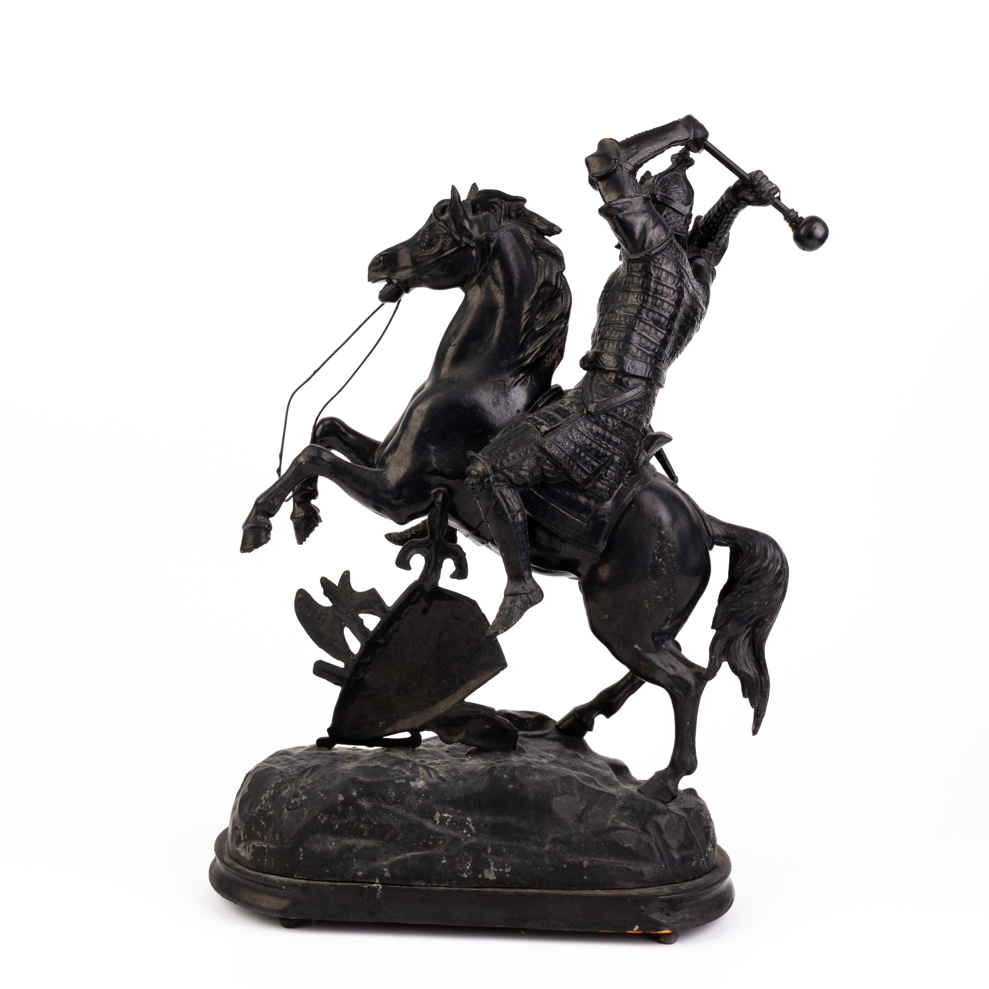 Cast Spelter Sculpture of Knight on Rearing Horse 19th Century  In Good Condition For Sale In Nottingham, GB