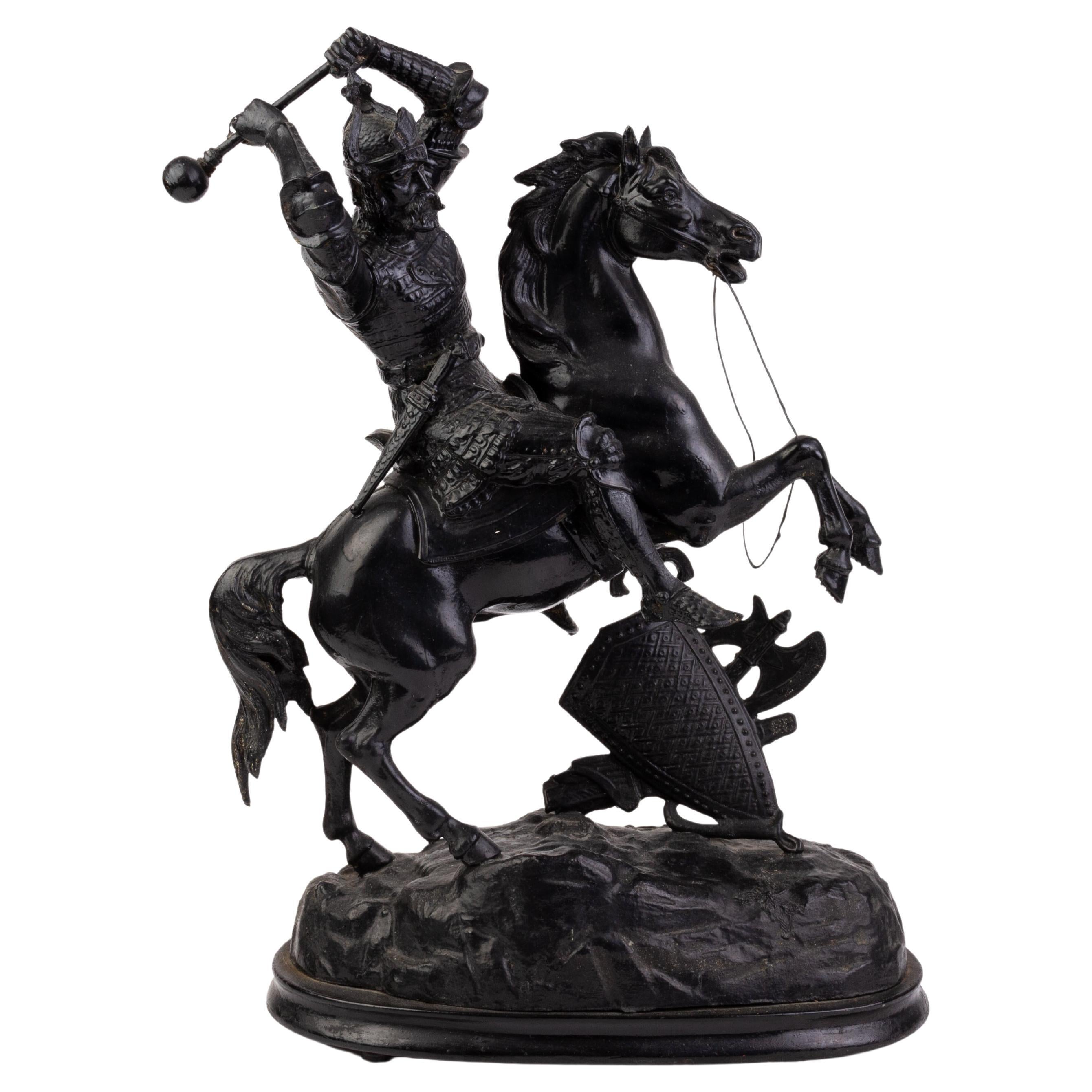 Cast Spelter Sculpture of Knight on Rearing Horse 19th Century  For Sale