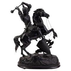 Cast Spelter Sculpture of Knight on Rearing Horse 19th Century 