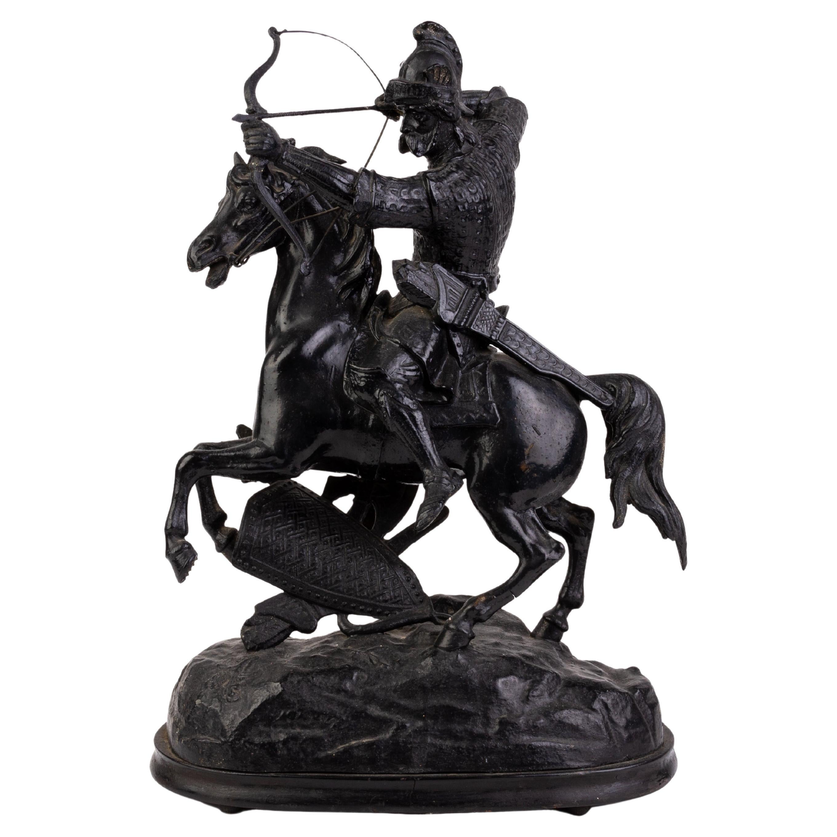 Cast Spelter Sculpture of Knight on Rearing Horse 19th Century 