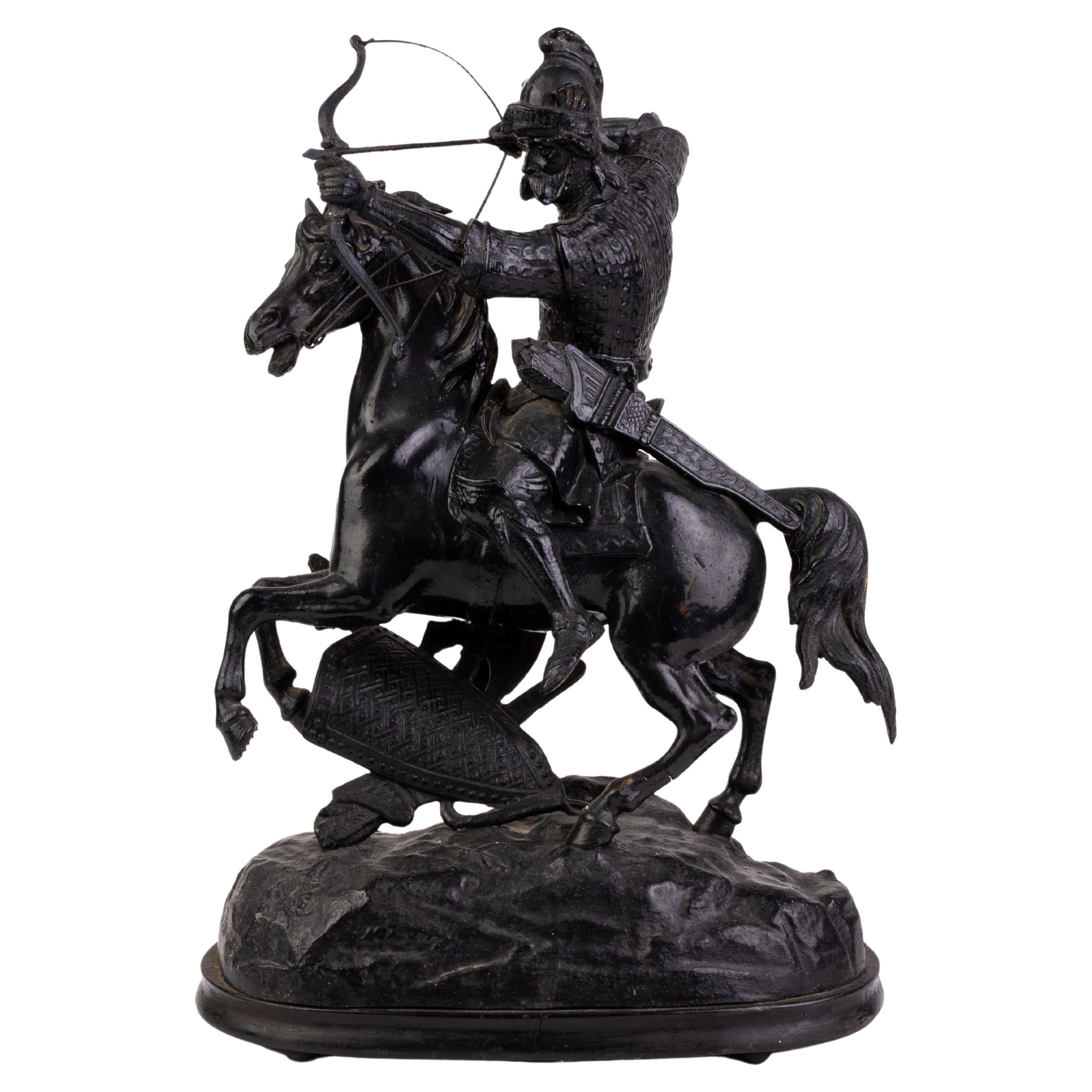 Cast Spelter Sculpture of Knight on Rearing Horse 19th Century  For Sale