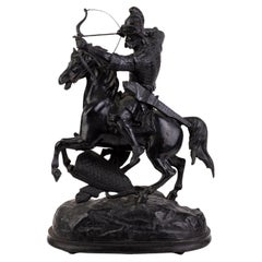 Cast Spelter Sculpture of Knight on Rearing Horse 19th Century