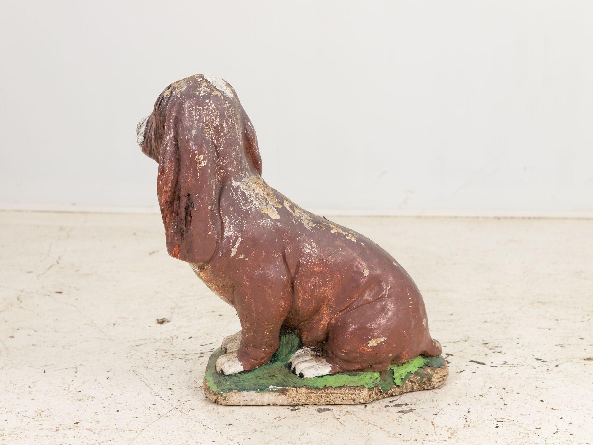 English Cast Stone Blood Hound Dog Garden Ornament with Paint, Engand 1950s For Sale